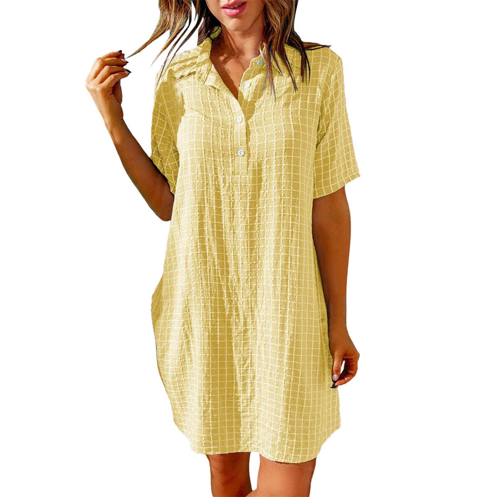Women's Button-Up Short Sleeve Casual Shirt Dress - Summer Petite & Plus Size Flowy Dress for Beach, Office & Everyday Wear