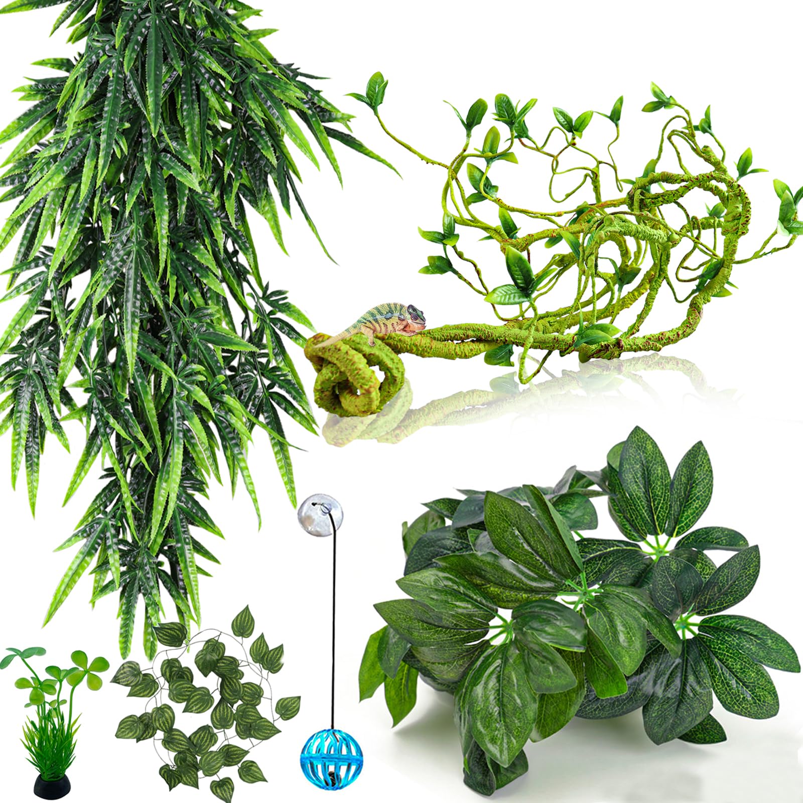 HERCOCCI Artificial Reptile Plants - Terrarium Hanging Vines & Climbing Plants for Leopard Gecko, Bearded Dragon, Snake & Chameleon Habitats - Natural-Looking Tank Decor & Hide Accessories - Perfect for Jungle-Themed Vivariums & Reptile Enclosures