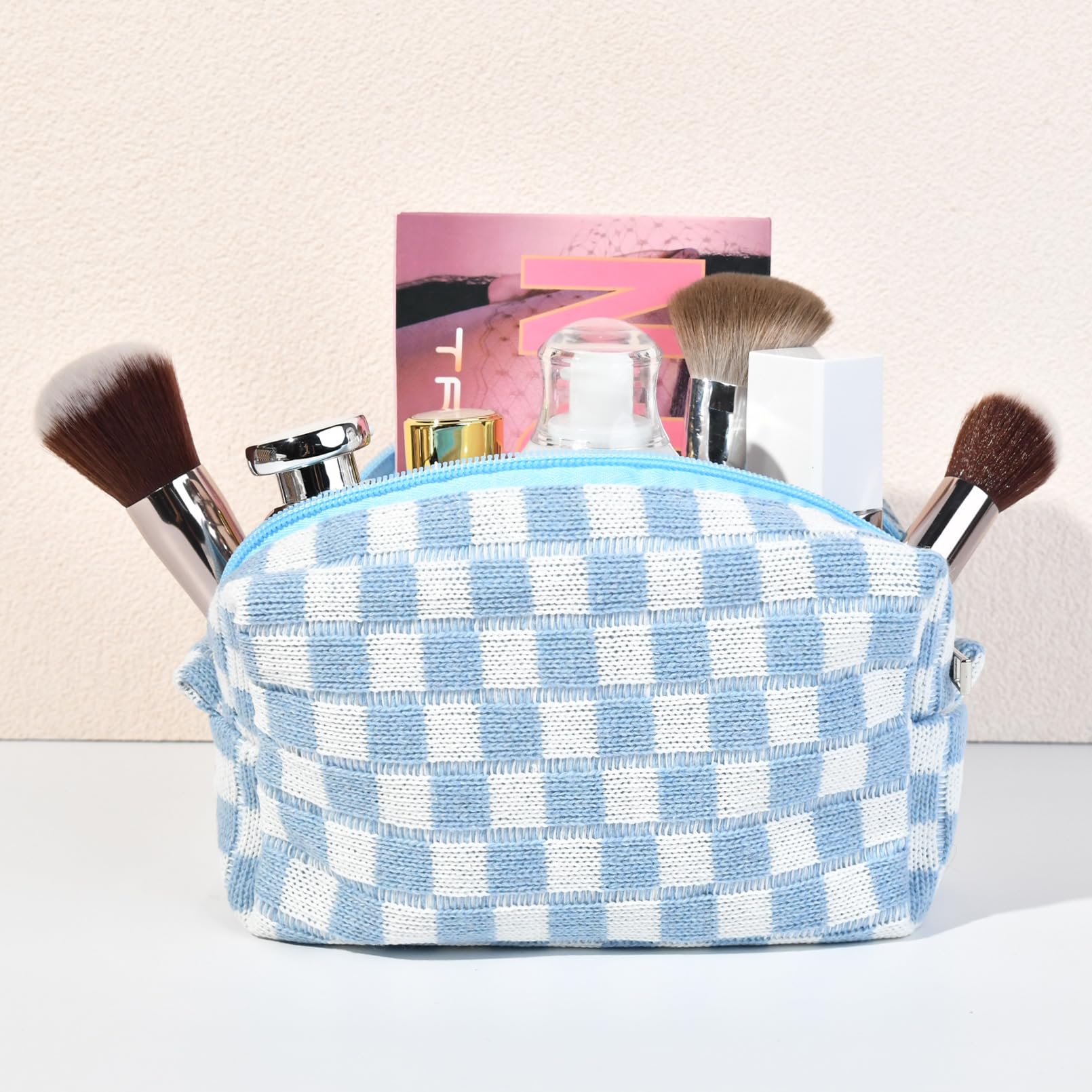 Preppy Checkered Makeup Bag - Blue Cosmetic Pouch for Women | Personalized Travel Toiletry Organizer | Cute DIY Makeup Brushes Storage | Bulk Wholesale | Perfect for Travel, Gym & Daily Beauty Routine