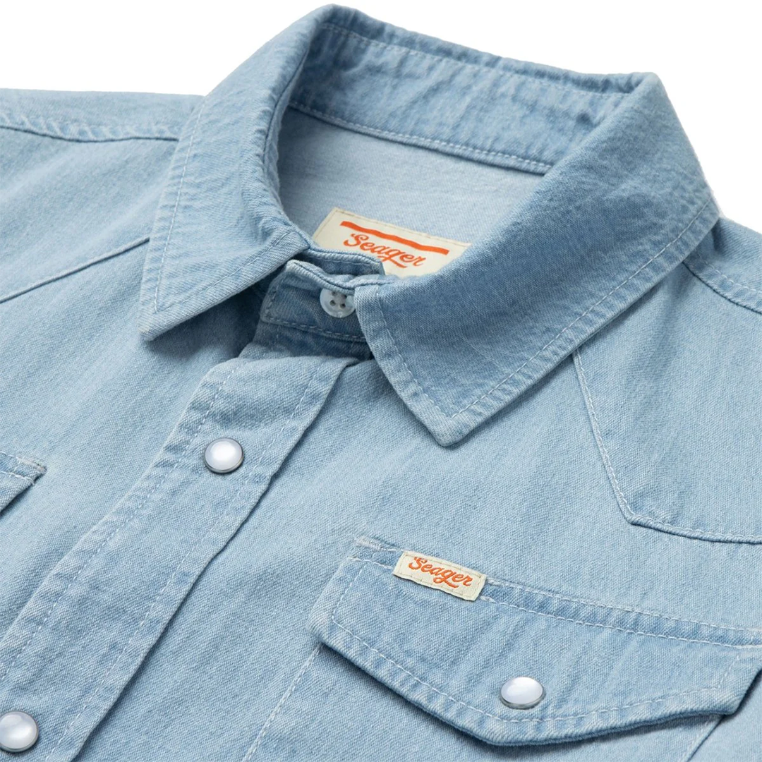 Seager Reagan Pearl Snap Light Wash Indigo Denim Shirt for Men - Casual Western Style for Outdoor & Country Wear