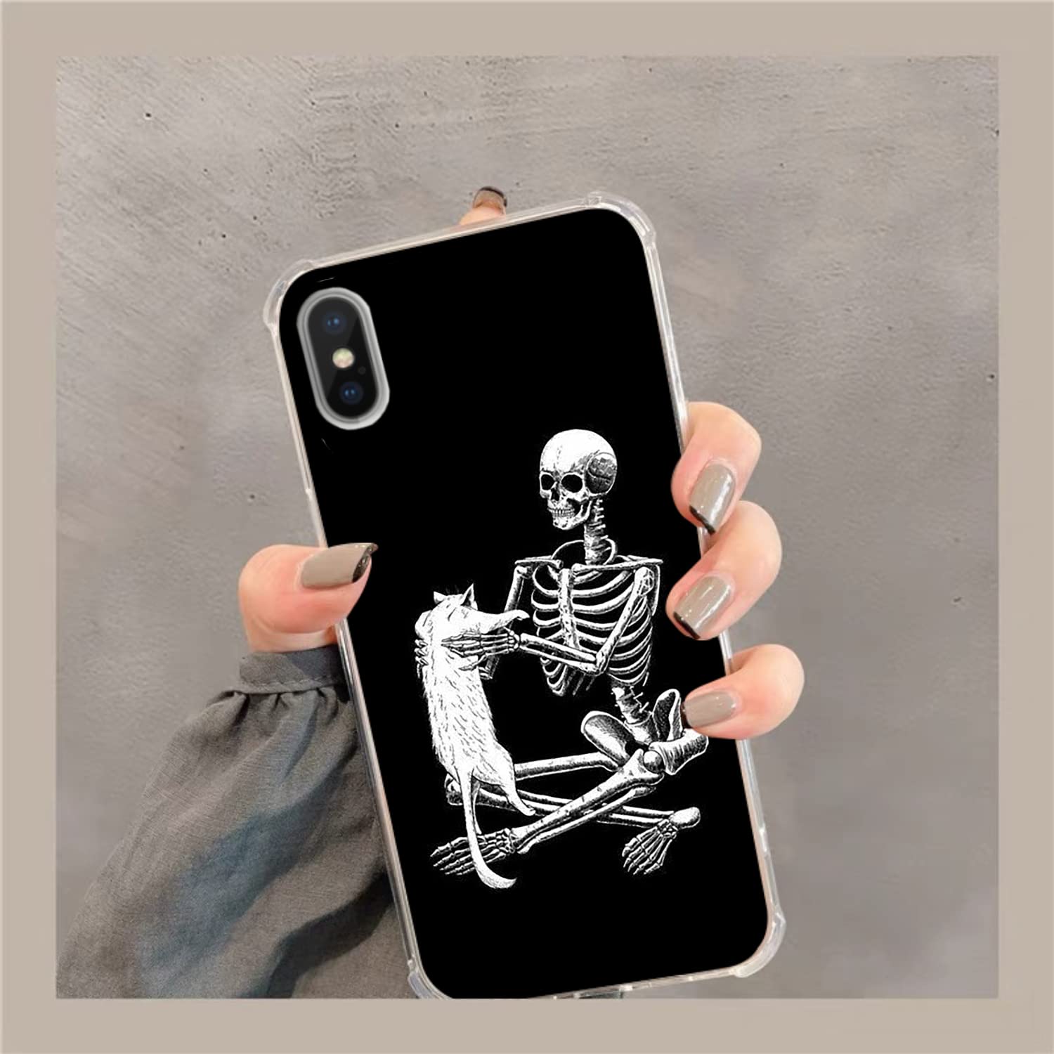 Black Skull White Cat iPhone Xs/X Case - Trendy Skeleton & Cat Design TPU Bumper Cover for Women Men Girls Boys | Perfect for Daily Use, Parties & Gifts