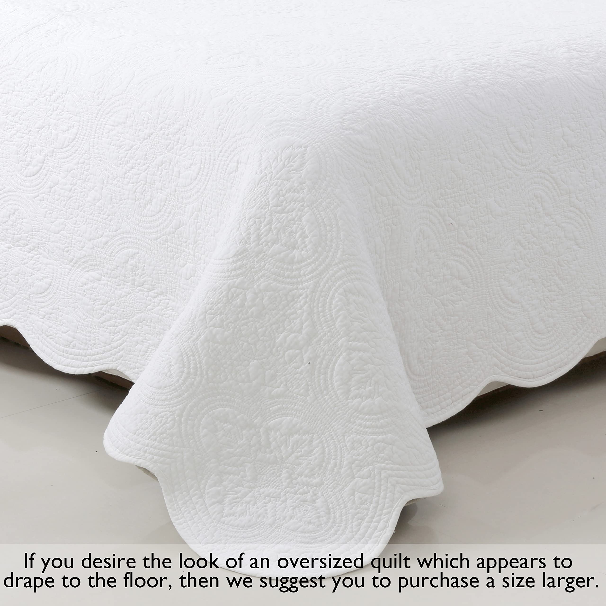 Pure Cotton Quilt Set Queen Size 3-Piece - Cozy Line Home Fashions Soft Breathable Bedding (Blantyre White) for Bedroom, Guest Room & Dorm Comfort