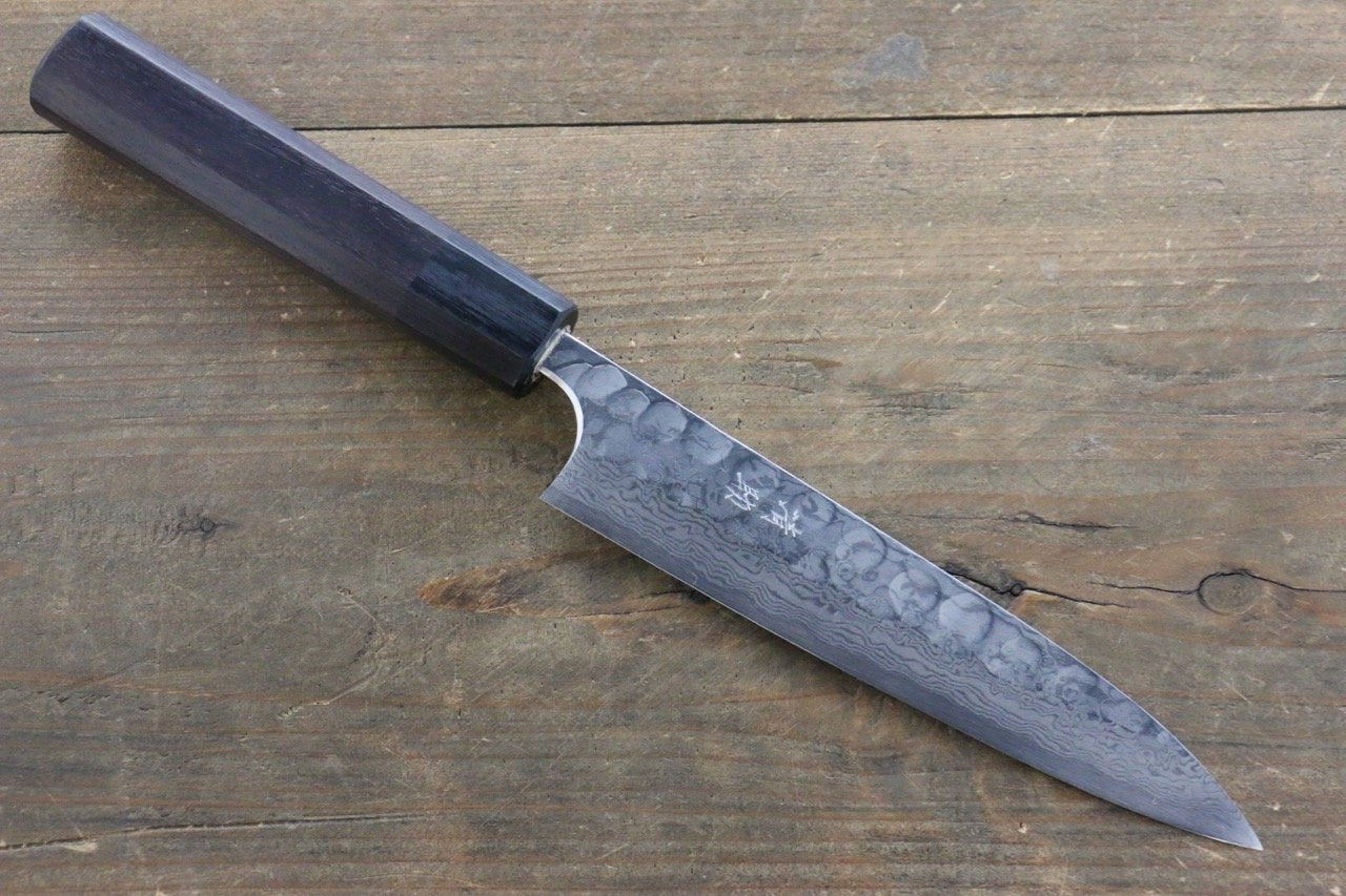 Premium Seisuke Blue Steel No.2 Hammered Damascus Petty Utility Knife 150mm with Shitan Handle - Perfect for Slicing, Peeling & Precision Kitchen Tasks