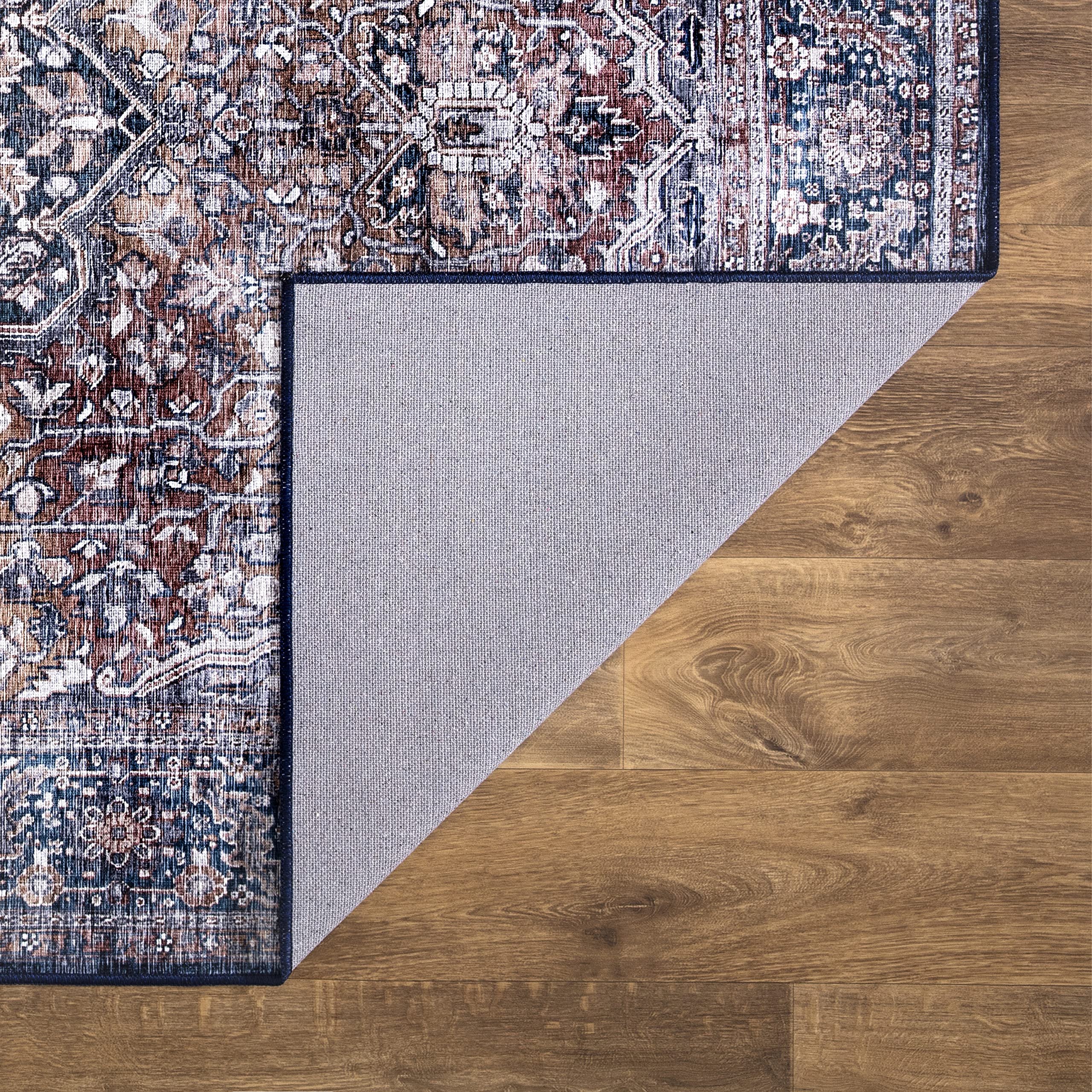 Abani 8' x 10' Vintage Rectangular Area Rugs - Blue & Brown Machine Washable Polypropylene Rug, Stain Resistant Non-Shedding Large Rug for Living Room, Bedroom, Dining Room & Office