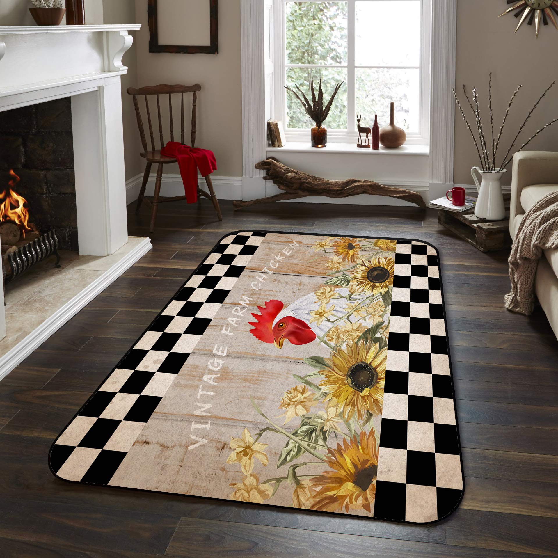 Sunflower Chicken Large Area Rug 5'x8' Non-Slip Farmhouse Decor Carpet for Living Room, Bedroom & Kids Room | Machine Washable Rectangle Rug with Rooster Plaid Design | Perfect for Farmhouse Style Homes & Nursery Decor
