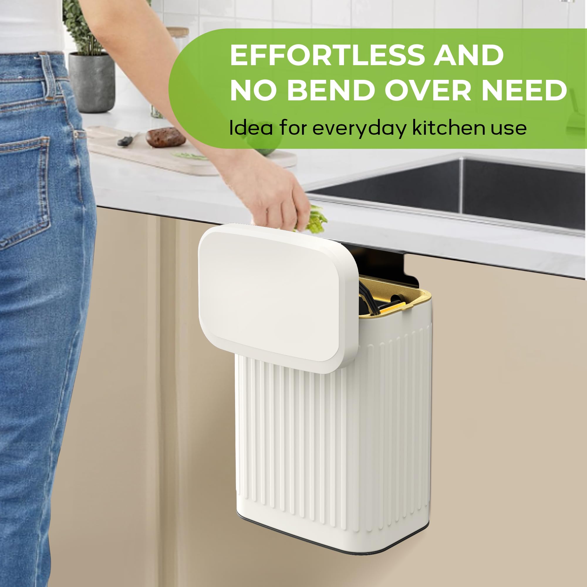 Stainless Steel Hanging Compost Bin with Lid - 2.1 Gallon (8L) Kitchen Trash Can for Indoor Use - Wall Mount Under Sink, Cabinet or Bathroom - Ivory White - Perfect for Organic Waste Recycling & Small Space Organization