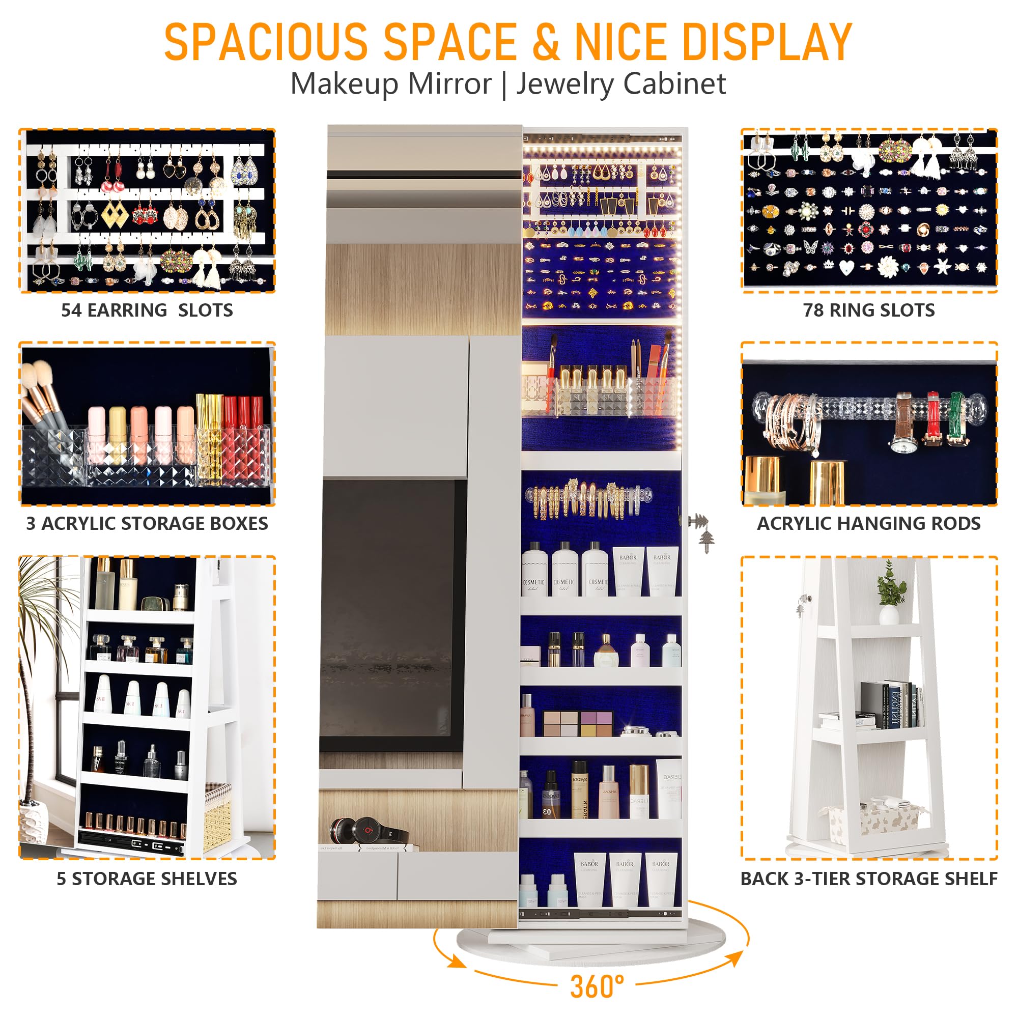 360° Swivel Jewelry Mirror Cabinet with LED Lights - 63