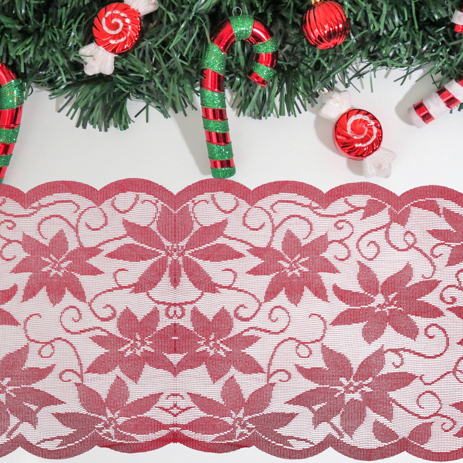 FAVOMOTO Red Lace Christmas Table Runner - Elegant Holiday Tablecloth & Fireplace Mantel Scarf for Xmas Party Decor, Dining Table, Buffet, and Home Decoration