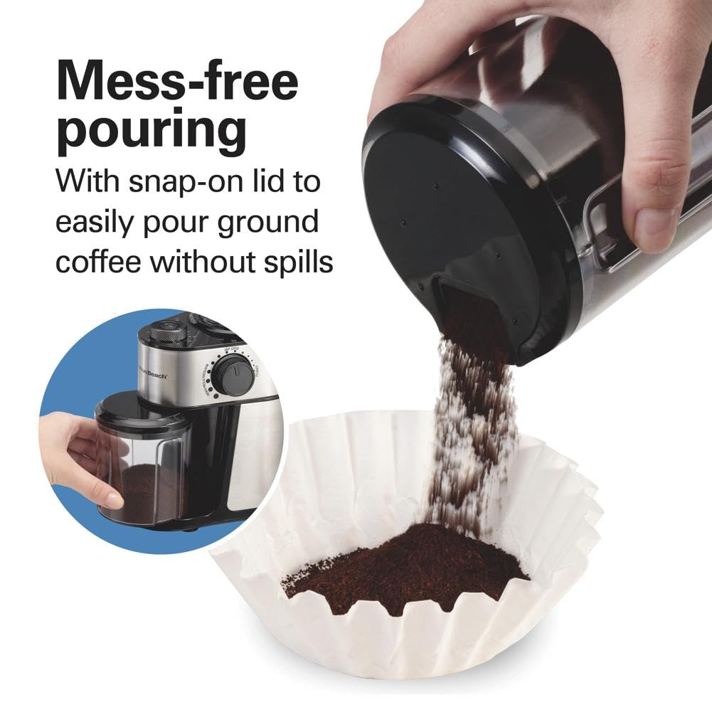 Hamilton Beach 12-Cup Stainless Steel Black Burr Coffee Grinder (Model 80385) - Perfect for Freshly Ground Coffee at Home, Office, or Cafe Use