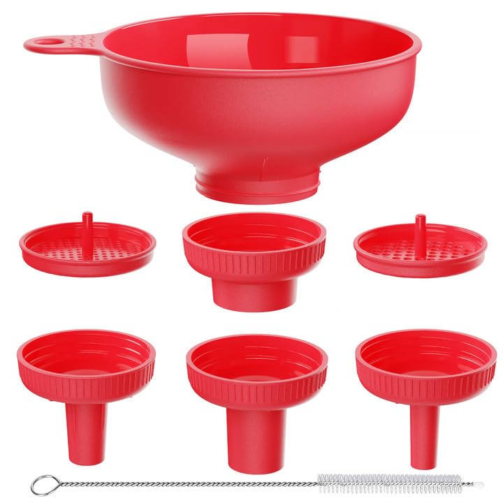Wide Mouth Multi-Purpose Kitchen Funnel Set - 4 Size Food Grade Plastic Canning Funnels with 2 Strainers for Bottles, Jars & Bags (Red) - Perfect for Home Canning, Cooking Oil Transfer & DIY Projects