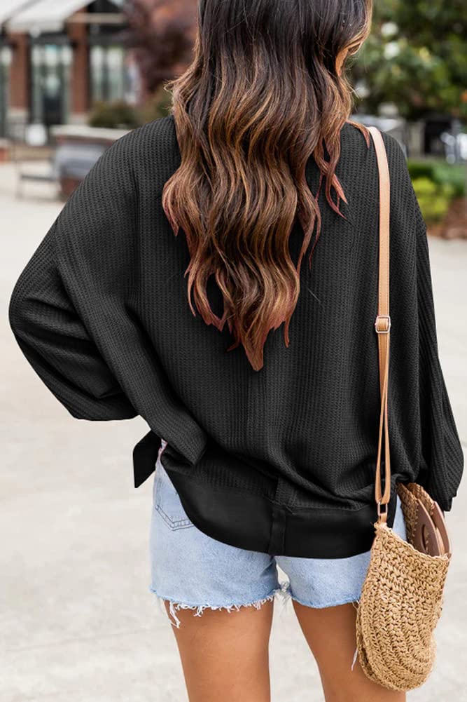 Hotmiss Women's Oversized Waffle Knit Long Sleeve Pullover Sweatshirt - Casual Drop Shoulder Lightweight Top for Fall & Winter | Cozy Lounge Wear, Street Style, Coffee Dates