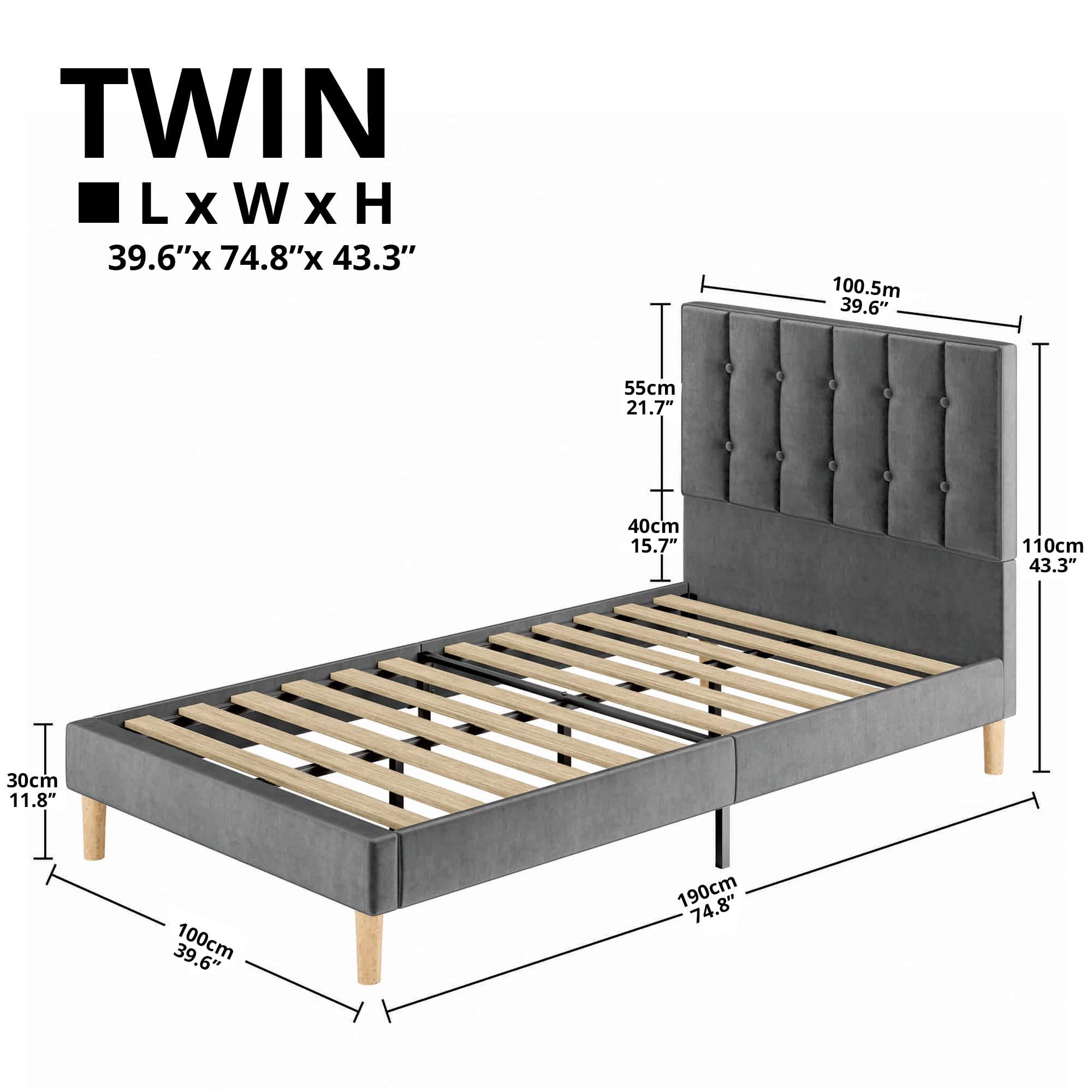 LIKIMIO Twin Bed Frame with Headboard - Velvet Upholstered Platform Bed with Wooden Slats, No Box Spring Needed, Noise Free, Easy Assembly, Grey - Perfect for Small Bedrooms, Guest Rooms & Dormitories