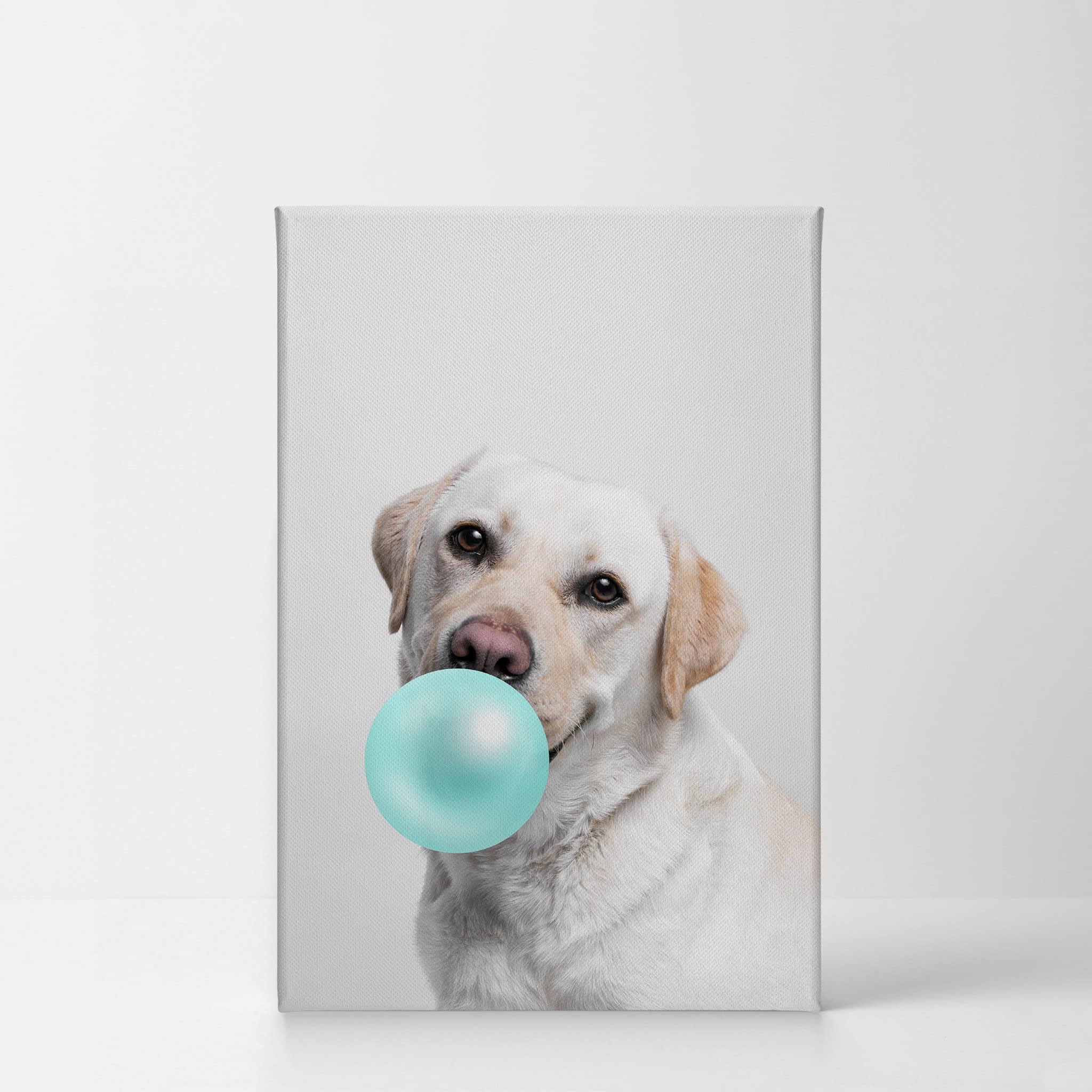 Cute Labrador Retriever Dog Bubble Gum Pop Art Canvas Print - Teal Blue Animal Wall Decor for Kids Room, Nursery & Home - 12x8 Inch Ready-to-Hang Made in USA Canvas Painting for Pet Lovers & Modern Interior Design