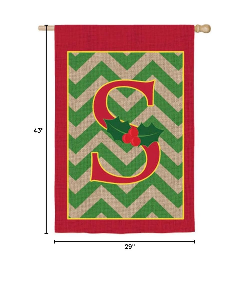 Chevron Stripe Burlap Holly Monogram S House Flag - Personalized Outdoor Decorative Flag for Front Porch, Garden, and Seasonal Home Decor