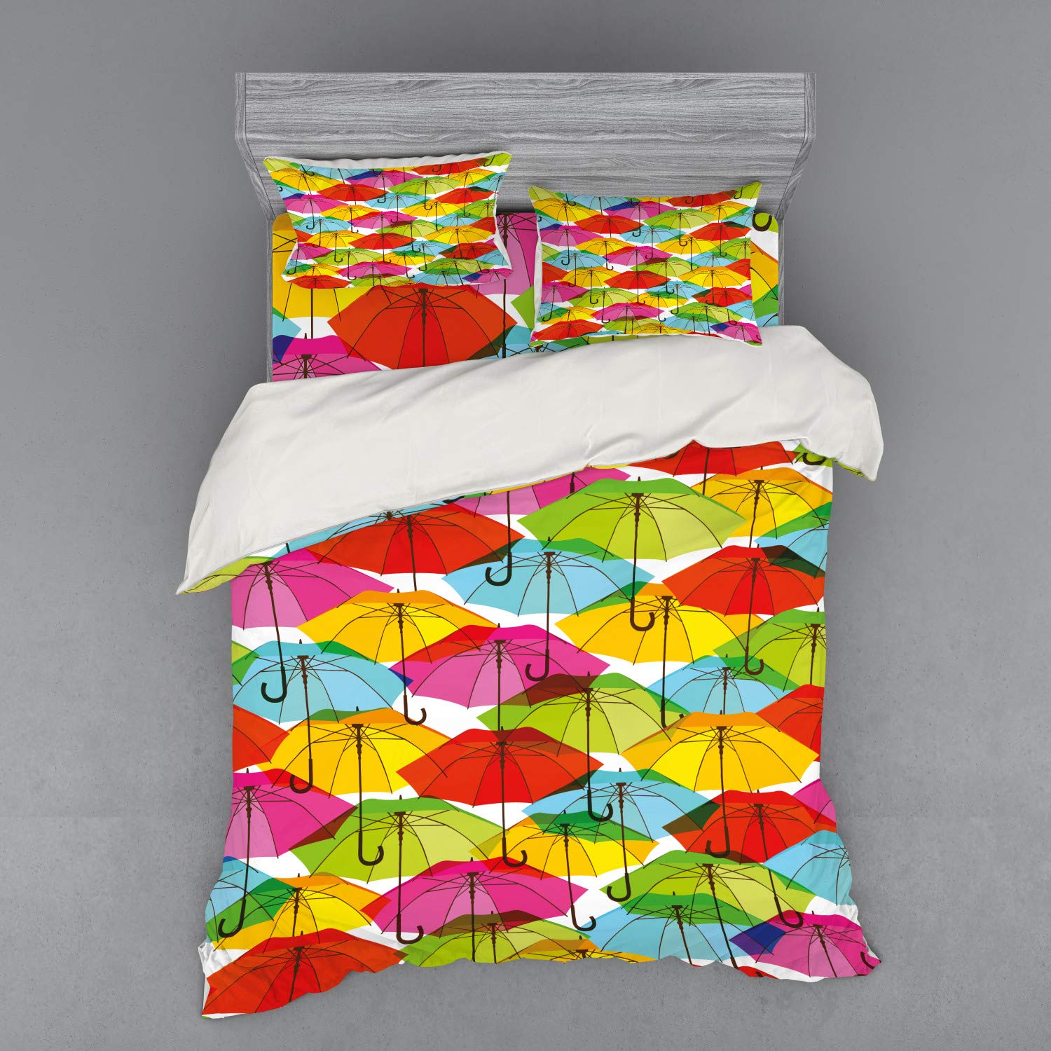 Ambesonne Modern 4-Piece Queen Bedding Set - Colorful Umbrella Print Duvet Cover with Shams & Fitted Sheet, Vibrant Abstract Rain Design, Soft Microfiber - Perfect for Contemporary Bedrooms & Guest Rooms