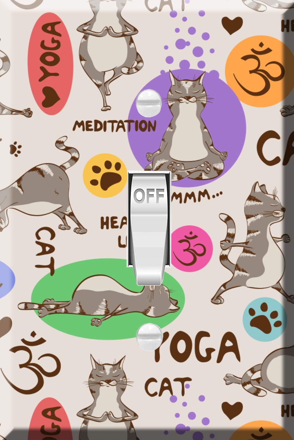 Single Toggle Light Switch Cover Plate - Funny Cartoon Gray Cat Yoga Design | Decorative Wall Plate for Bedroom, Living Room & Office