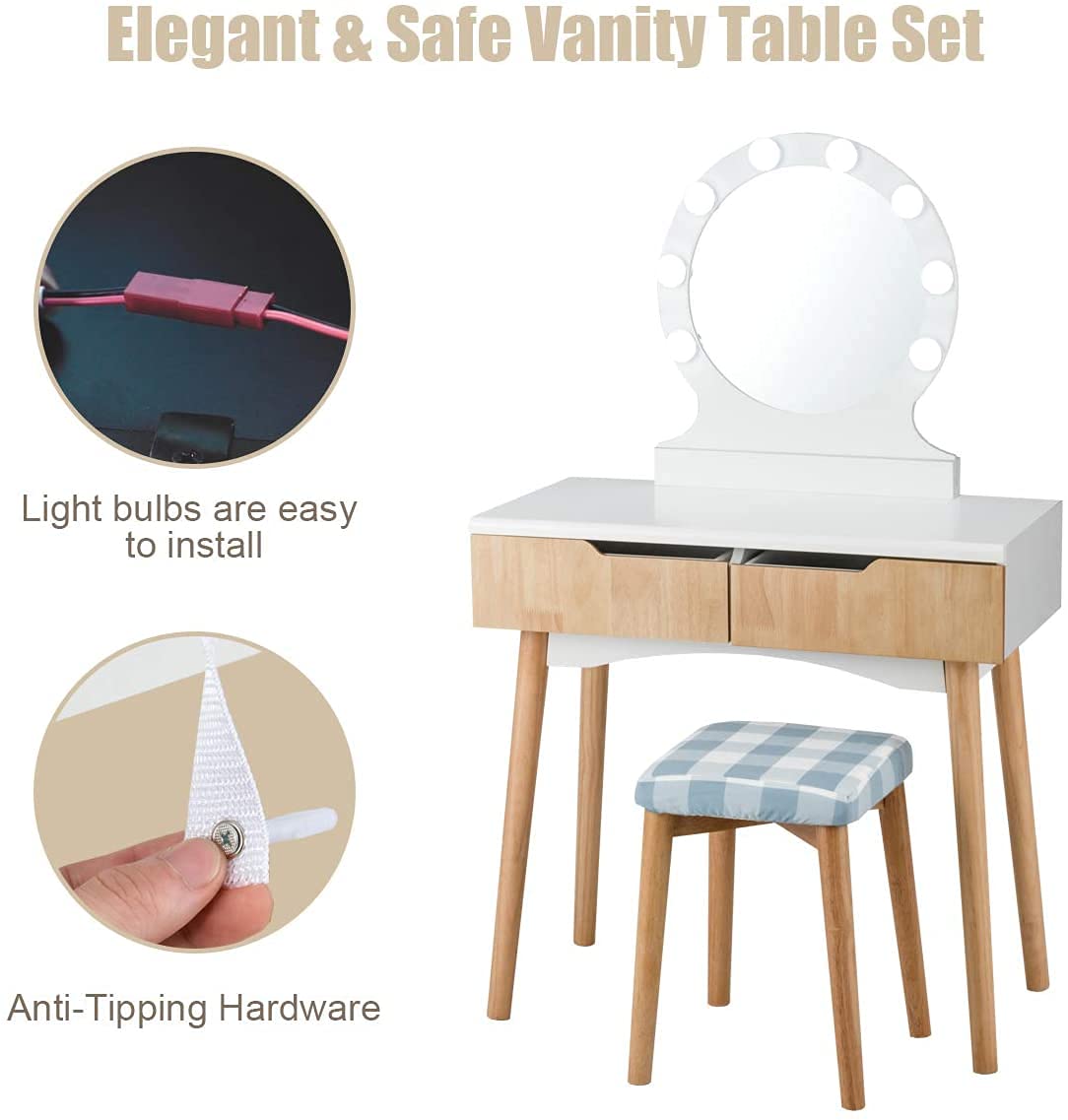 Byroce Vanity Table Set with Round LED Lighted Mirror, Makeup Dressing Table with 8 Adjustable Bulbs & Touch Switch - Includes Cushioned Stool & 2 Large Drawers (Black/Natural/White) | Perfect for Bedroom, Dressing Room, Home Salon & Beauty Studio (Model: HW66049US)