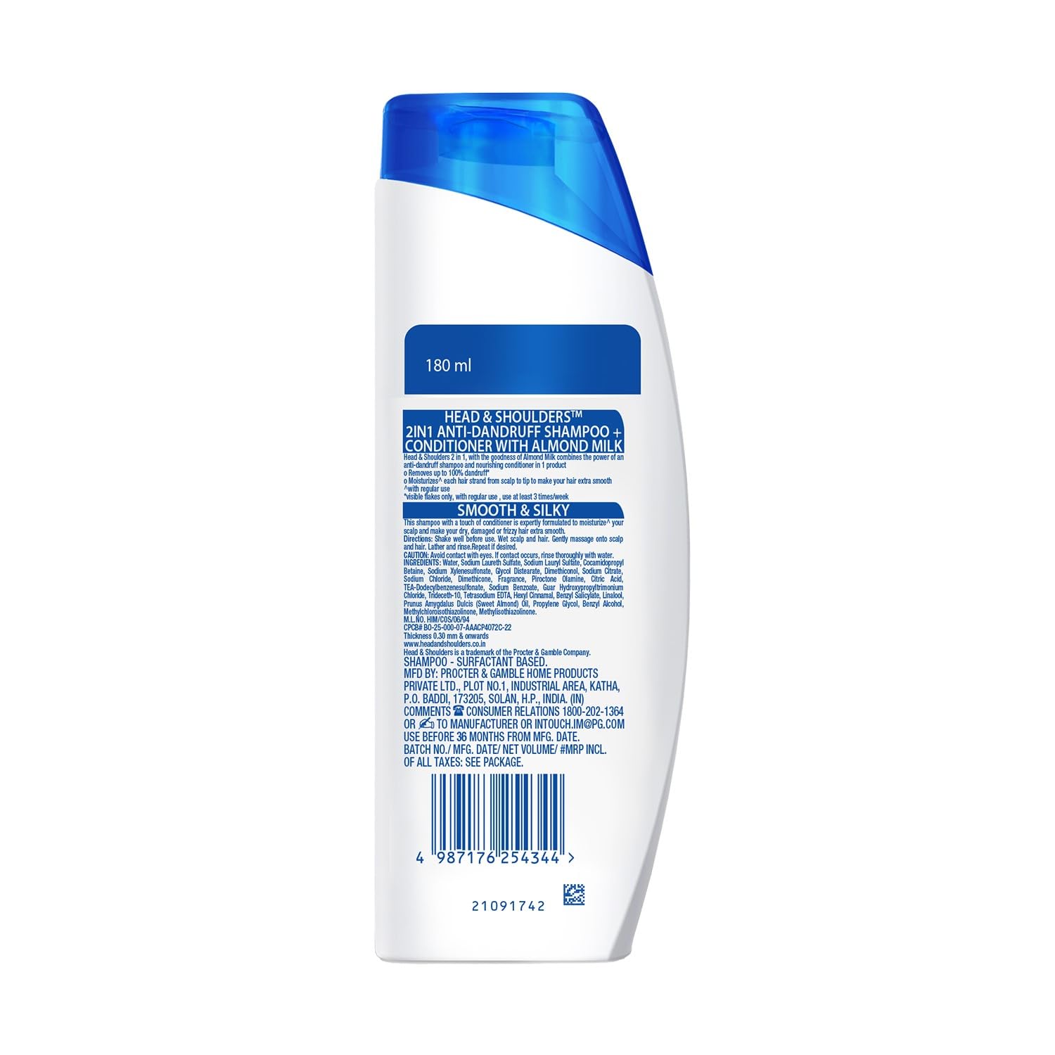 Head & Shoulders 2-in-1 Smooth & Silky Anti-Dandruff Shampoo & Conditioner with Almond Milk - 180ml for Women & Men - Hydrates & Soothes Scalp for Daily Hair Care