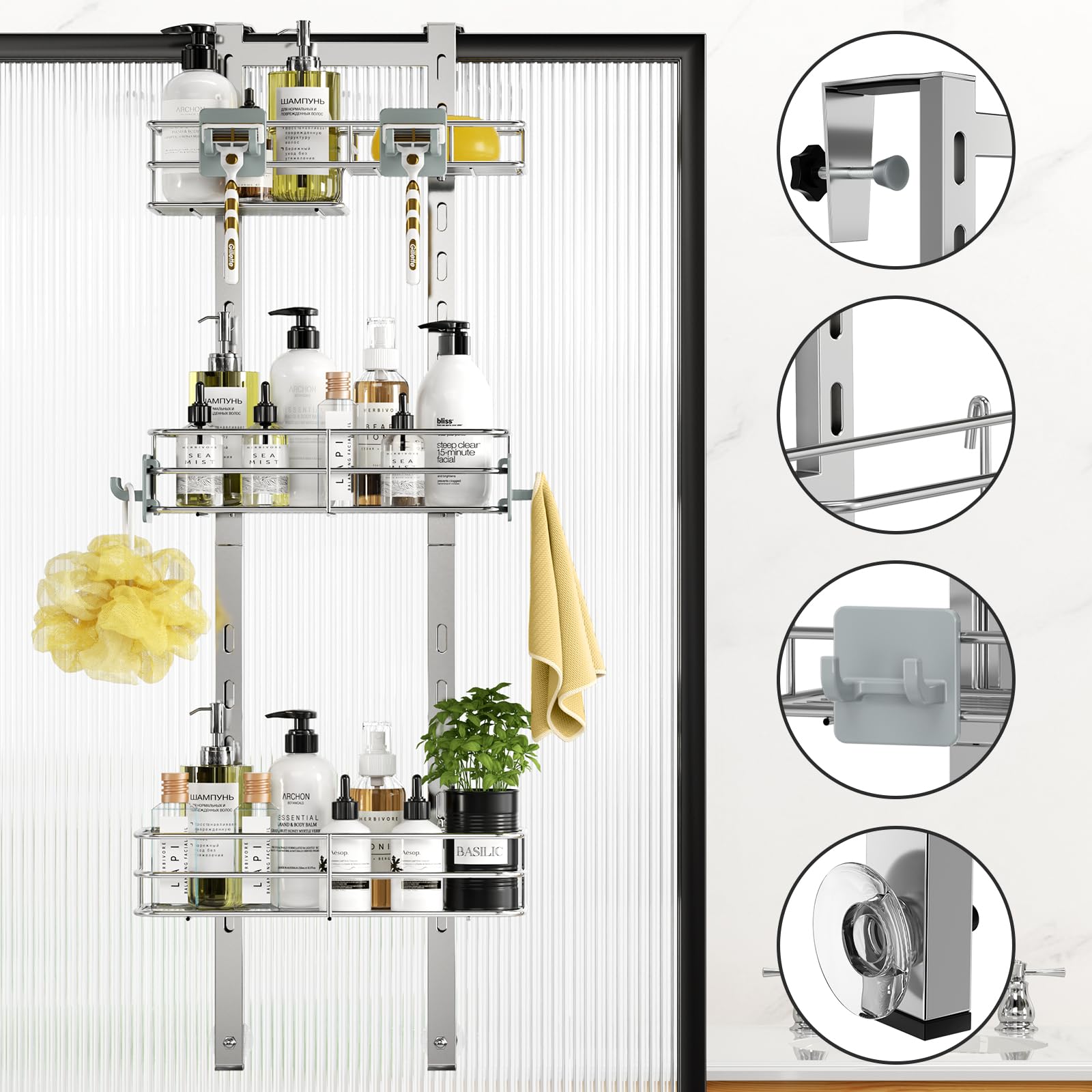 ODesign 3-Tier Over The Door Shower Caddy - Adjustable Hanging Bathroom Organizer with Soap Holder & 4 Hooks, Rustproof Shower Storage Rack for Shampoo, Razor & Toiletries - Perfect for Small Bathrooms & Apartment Showers (Slate-Grey)