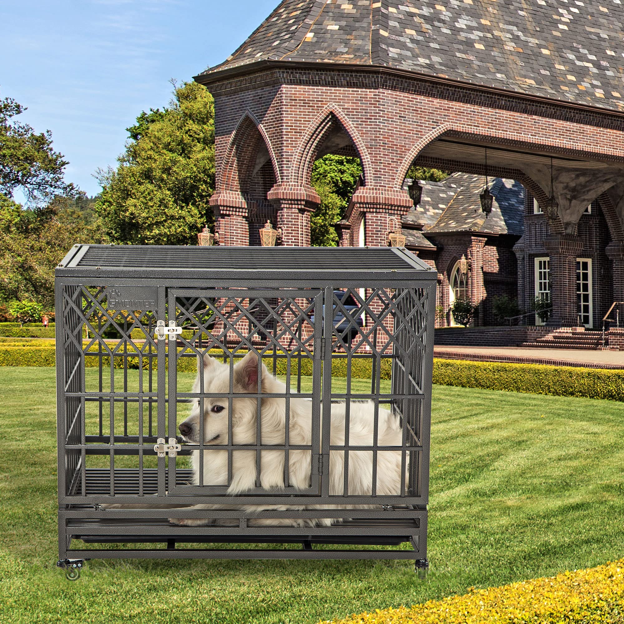 Heavy Duty Dog Cage for Large Dogs - 38 Inch Strong Metal Kennel & Crate with 3 Doors, 4 Wheels, Y-Shape Design - Perfect for Home, Travel & Outdoor Use - Silver Pet Playpen