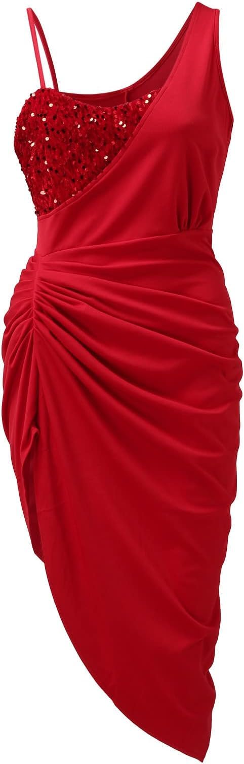 Sexy Sequin One Shoulder Bodycon Midi Dress for Women - Sleeveless, Ruched Hem, High Slit - Perfect for Cocktail Parties, Night Out, and Special Occasions
