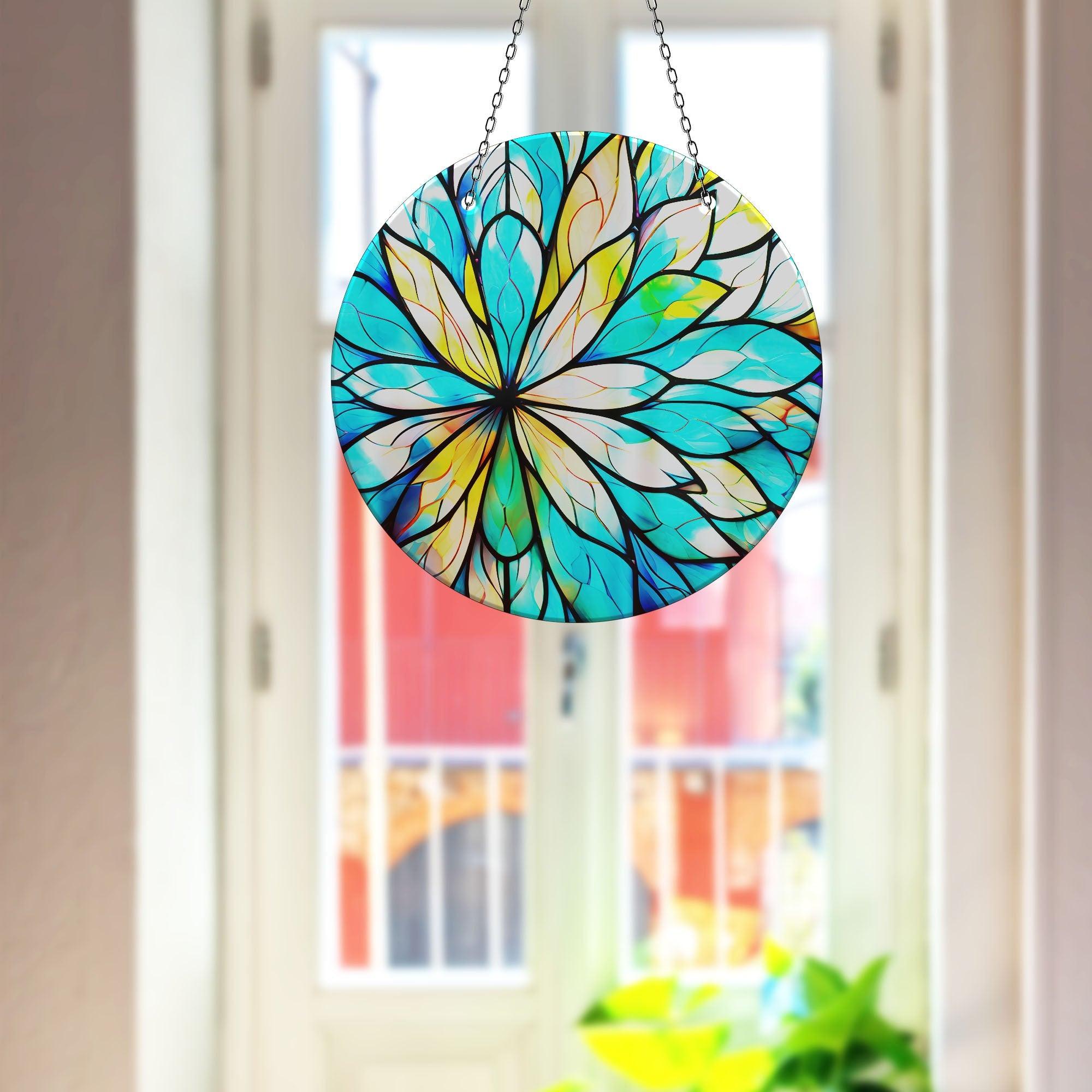 Blue and White Suncatcher Window Decor - Handmade Stained Glass Hanging Ornament for Home, Office, Garden (Perfect for Living Room, Bedroom, Kitchen & Outdoor Spaces)