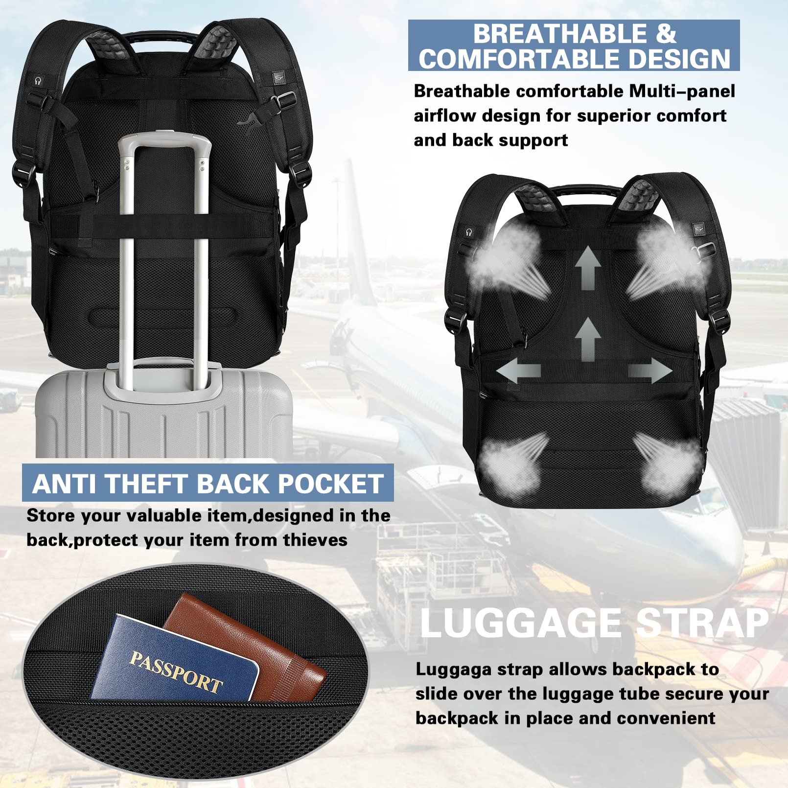 **18.4 Inch Large Laptop Backpack for Men & Women - 60L Extra Large Gaming Backpack with USB Charging Port, TSA Approved, RFID Anti-Theft Pocket, Durable Travel & Work Computer Bag (21.2x15.5x11.5 Inch, Grey) - Perfect for Business Trips, College, Commuting & Air Travel**