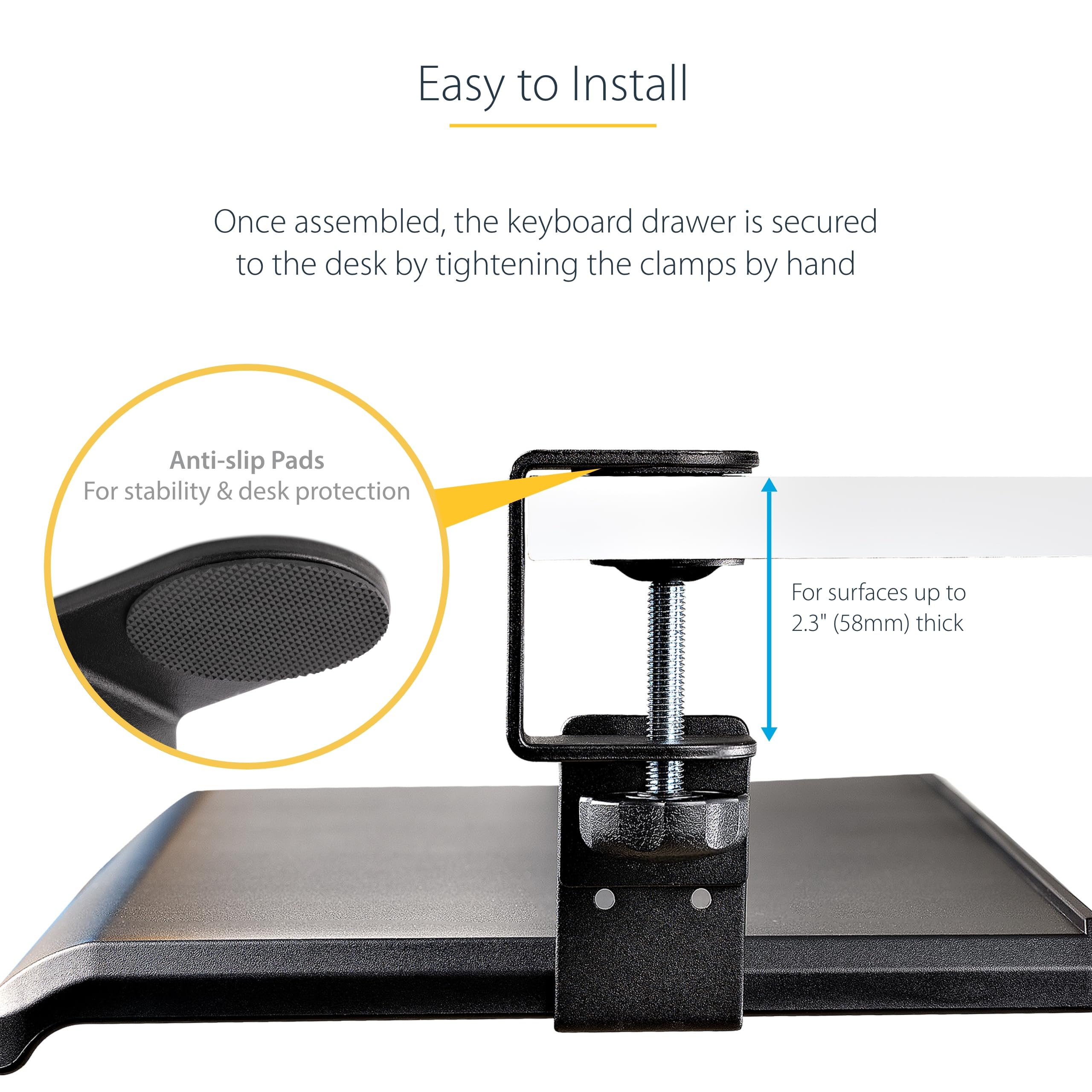 StarTech.com Under Desk Keyboard Tray - Ergonomic Clamp-On Keyboard Holder with Adjustable Height & Sliding Drawer for Mouse (Supports Up to 26.5lbs/12kg) | Perfect for Home Office, Gaming Setup & Workspace Organization | TAA Compliant