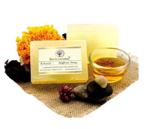 Khadi Natural Saffron Soap 125g - Luxurious Herbal Cleansing Bar with Pure Saffron Extracts | Pack of 2 | Gentle Face & Body Wash for Glowing Skin | Perfect for Daily Skincare Routine & Spa-Like Experience at Home