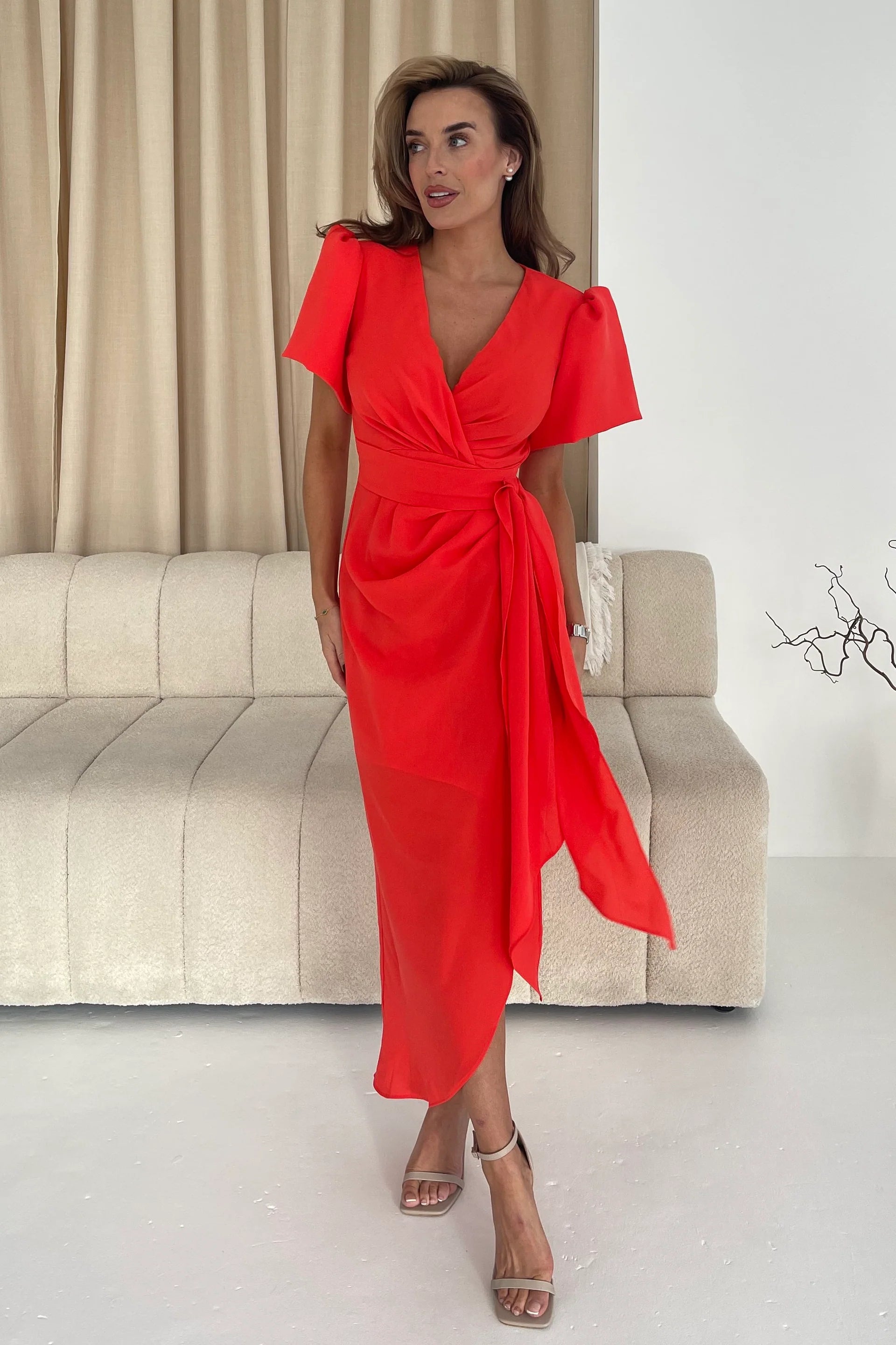 Drew Women's Puff Sleeve Midi Dress - Flowy Orange Summer Dress for Casual Outings, Beach Vacations & Date Nights