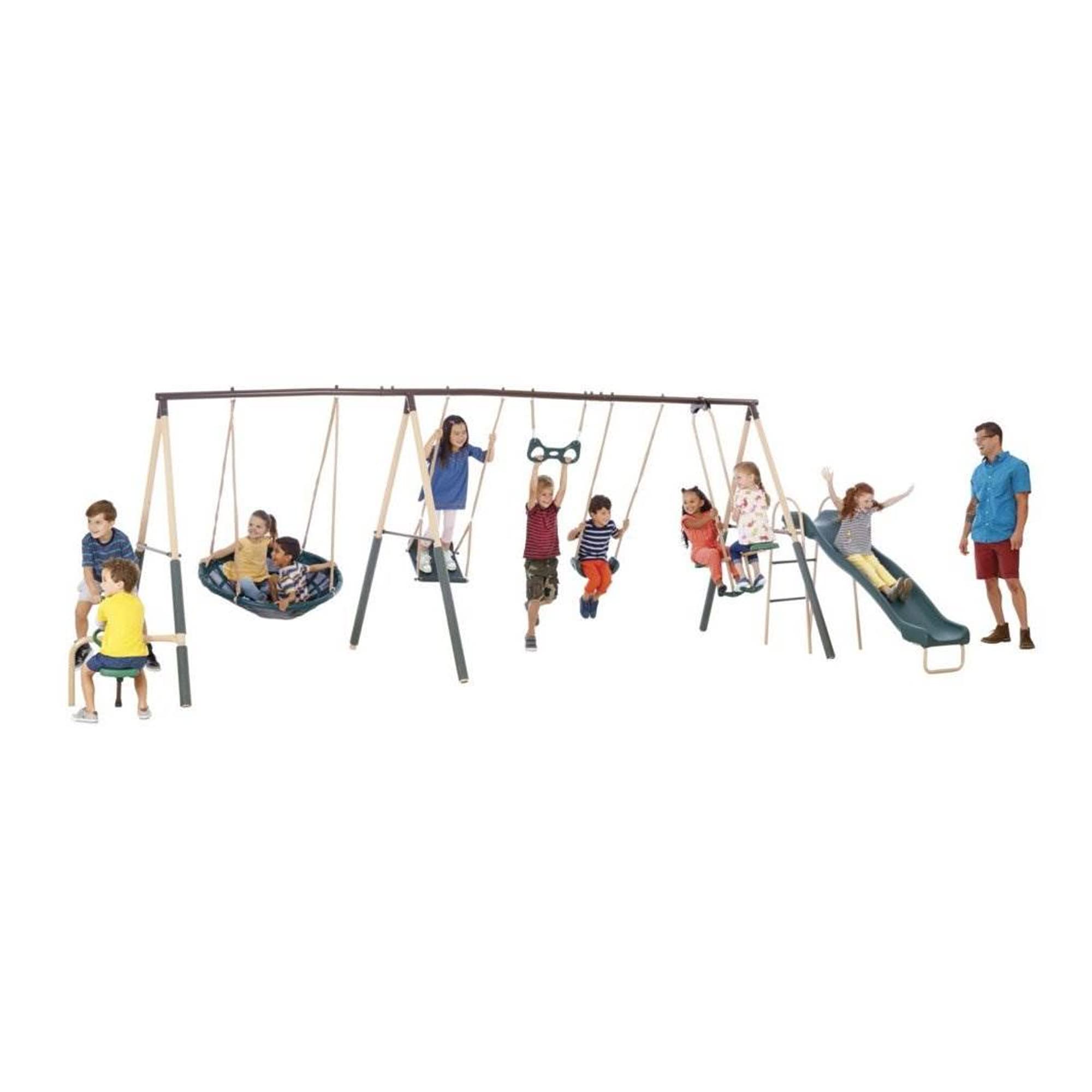 XDP Recreation Deerfield Outdoor Playground Swing Set with Slide, See Saw, Trapeze Swing, Fun-Glidr, Swing Seat & Stand N Swing - Durable Backyard Playset for Kids Ages 3-12 | Perfect for Outdoor Family Fun in Gardens, Parks & Backyards