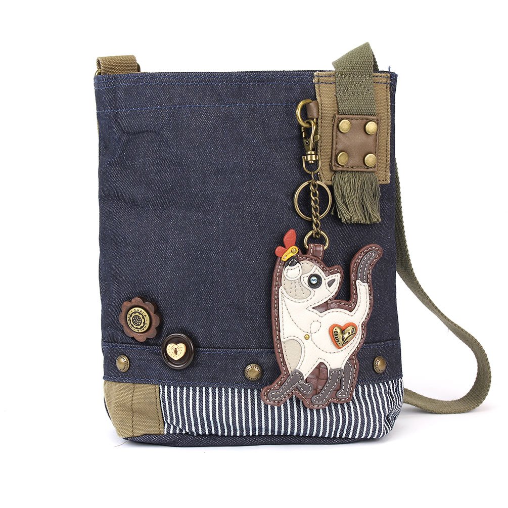 Stylish CHALA Canvas Crossbody Messenger Bag with White Slim Cat Coin Purse - Denim Blue Women's Shoulder Bag for Work, Travel & Daily Use