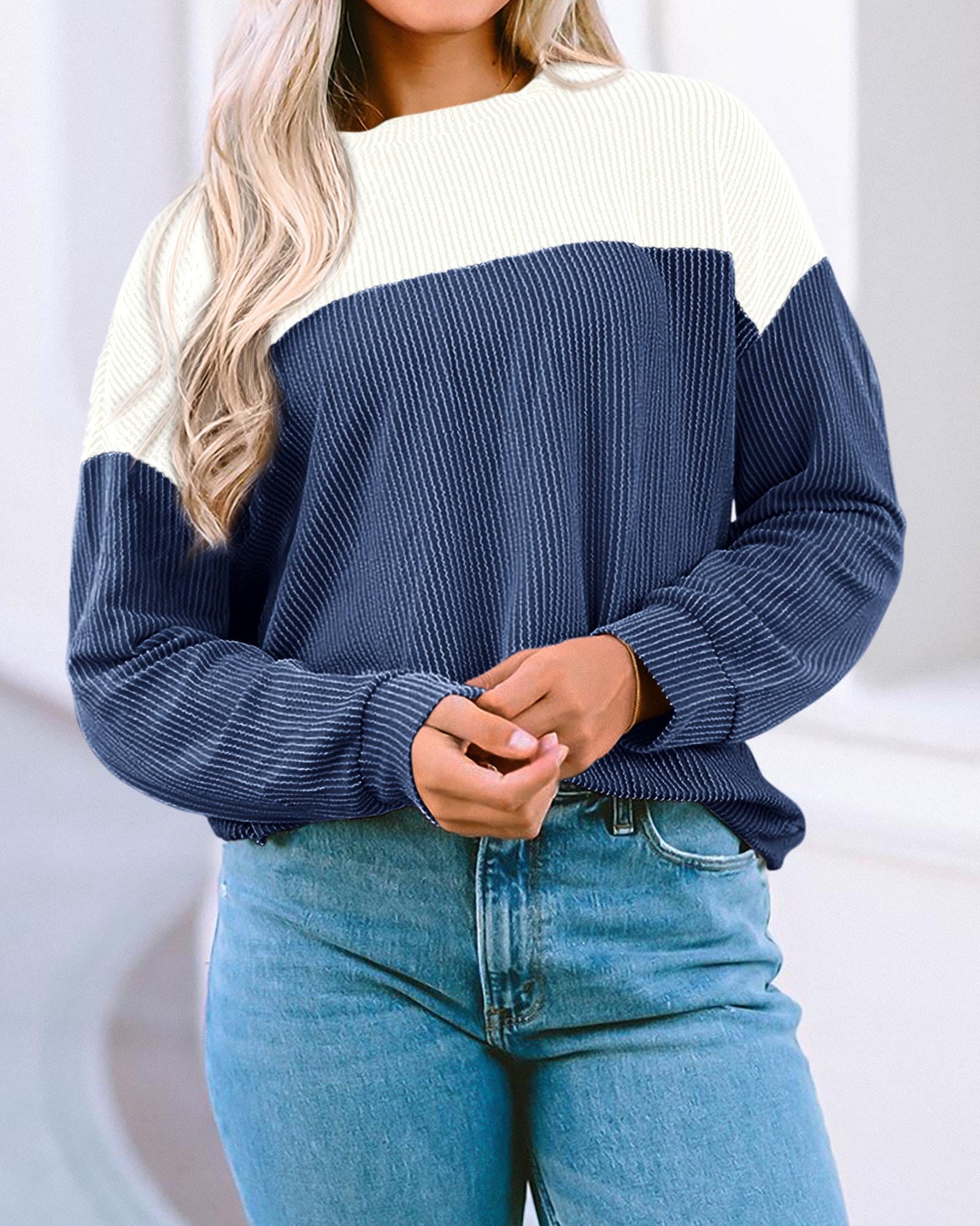 KIRUNDO Women's Ribbed Long Sleeve Knit Top - Color Block Casual Crewneck Pullover Shirt | Spring Fashion 2025 | Loose Fit Comfortable Clothing for Work, Travel & Daily Wear