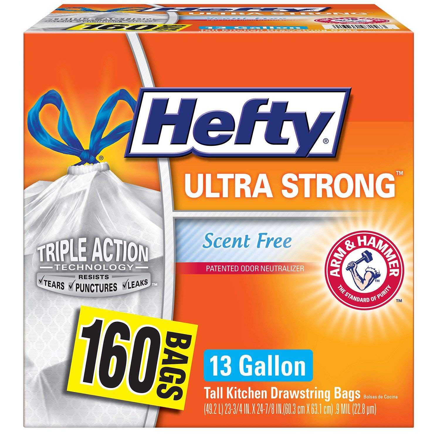 Hefty Ultra Strong 13 Gallon Kitchen Trash Bags with Drawstring - 160 Count | Heavy Duty Garbage Bags for Home, Office & Outdoor Use | Leak Proof & Odor Control
