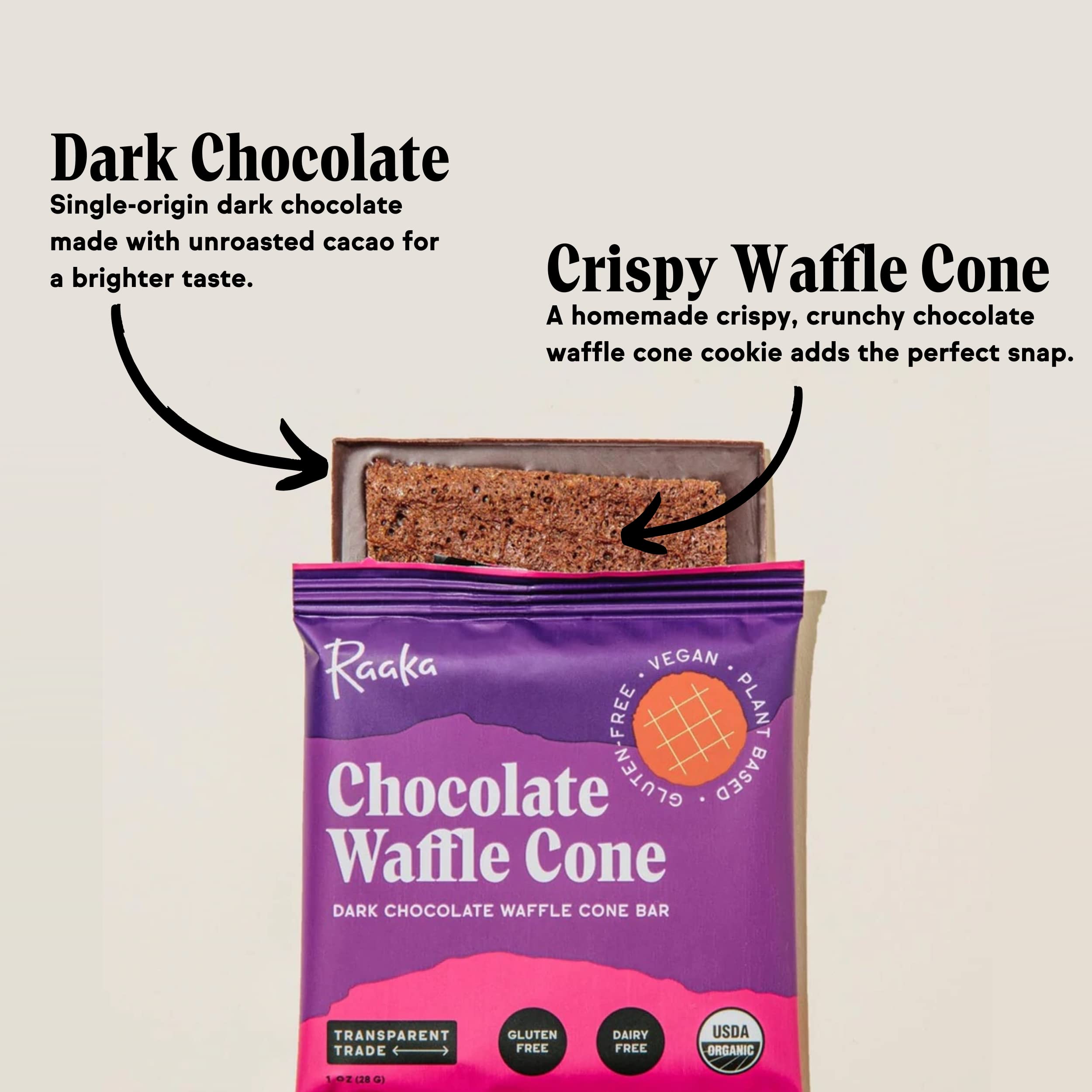 Raaka Organic Vegan Dark Chocolate Waffle Cone Bar - Fair Trade, Non-GMO, Gluten-Free, Kosher, Soy-Free Bean-to-Bar Gourmet Chocolate (10-Pack, 1.0 oz Bars) - Perfect for Gifts, Dessert Toppings & Healthy Snacking