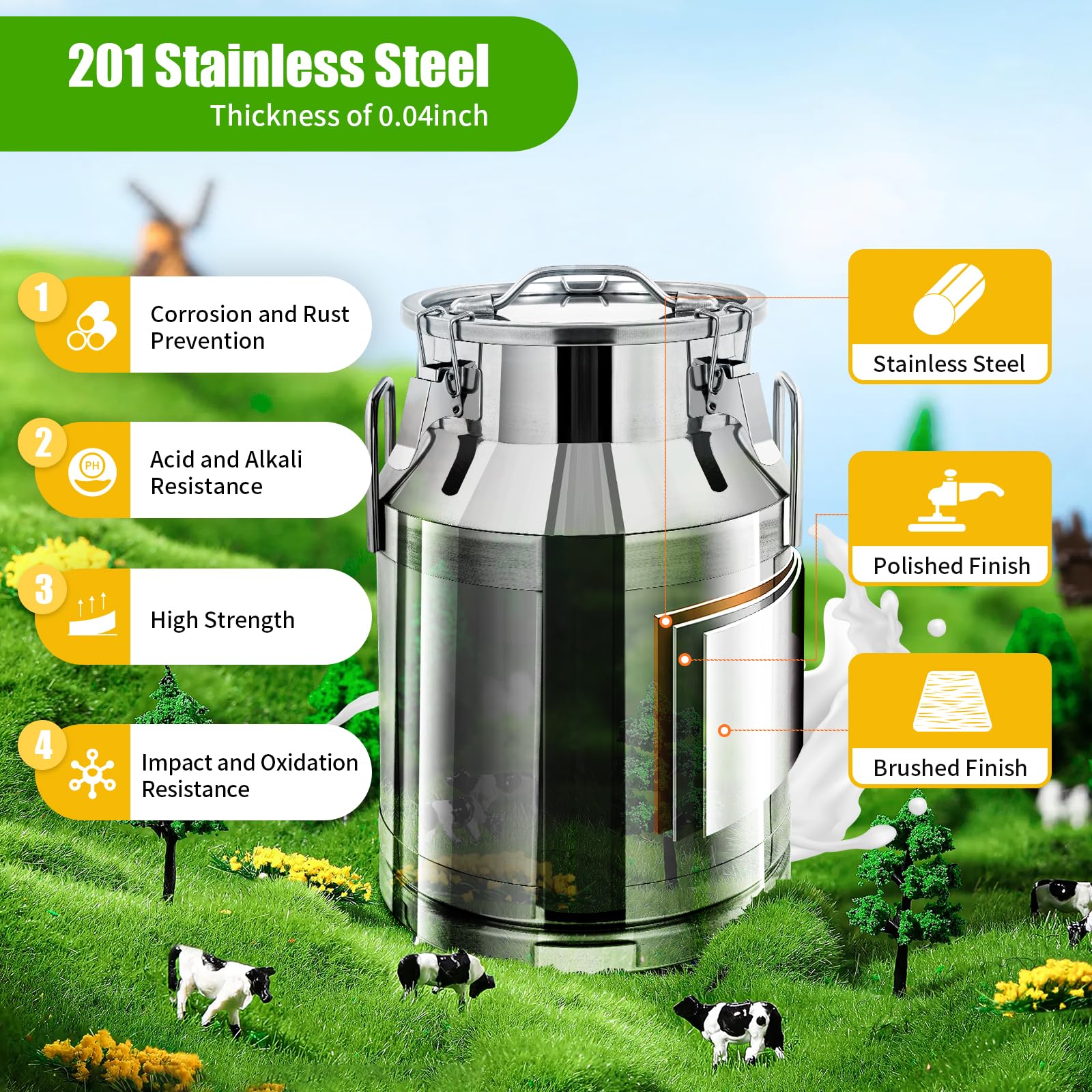 30L/8 Gallon Heavy Duty Stainless Steel Milk Can with Sealed Lid - Food Grade Wine Pail, Water Bucket & Storage Jug for Dairy, Brewing, Farm Use (Silver)
