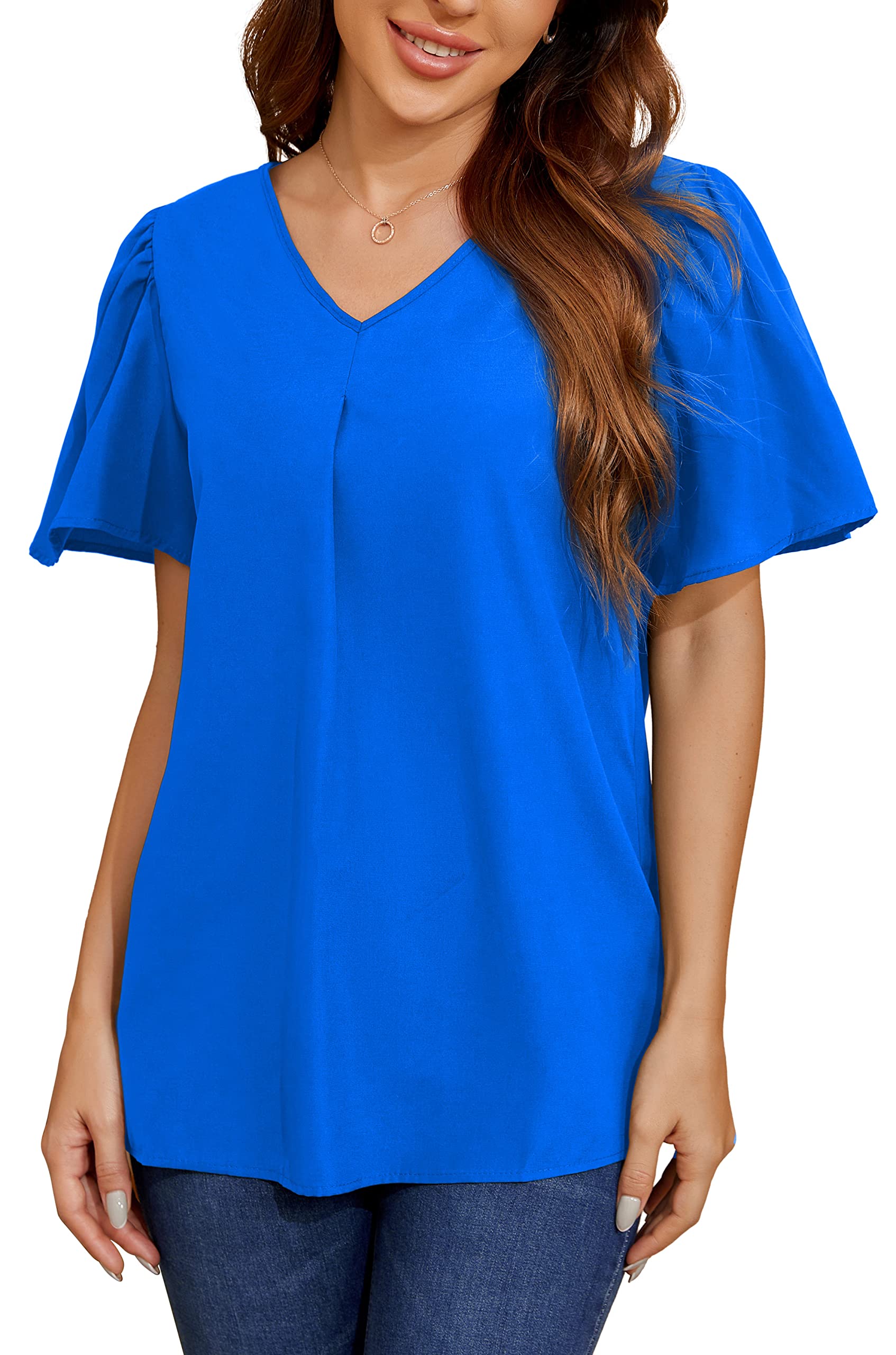Woffccrd Women's Summer Casual Blouses - Puff Sleeve V-Neck Chiffon Tunic Tops for Work & Office Wear | Loose Fit Flowy Shirts for Women | Perfect for Business Casual, Date Night & Summer Outfits
