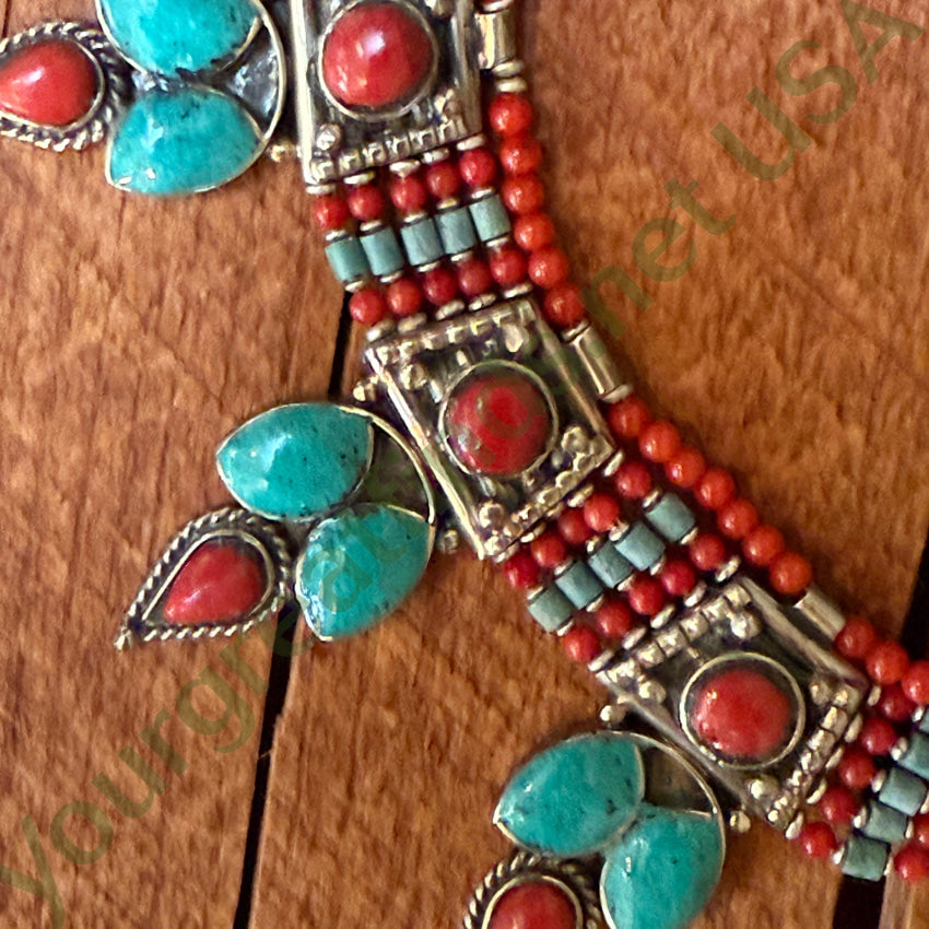 Handmade Tibetan Alpaca Silver Necklace with Turquoise & Coral Beads – Perfect for Boho Fashion, Spiritual Jewelry & Gift Giving
