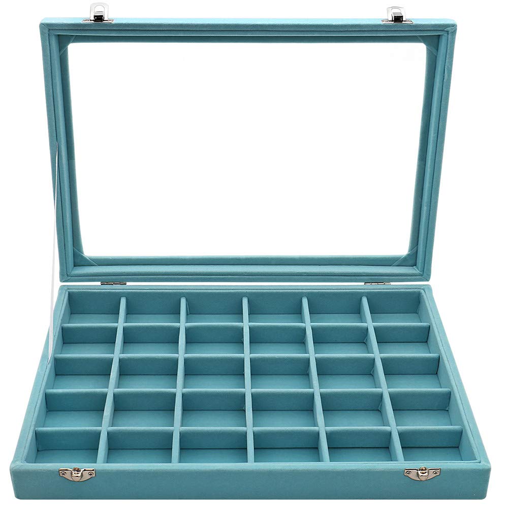 Sky Piea 30 Grid Velvet Lined Jewelry Organizer Box - Premium Glass Display Case for Earrings, Rings & Necklaces (Elegant Sky Blue) - Perfect for Bedroom Vanity, Travel & Gift Giving