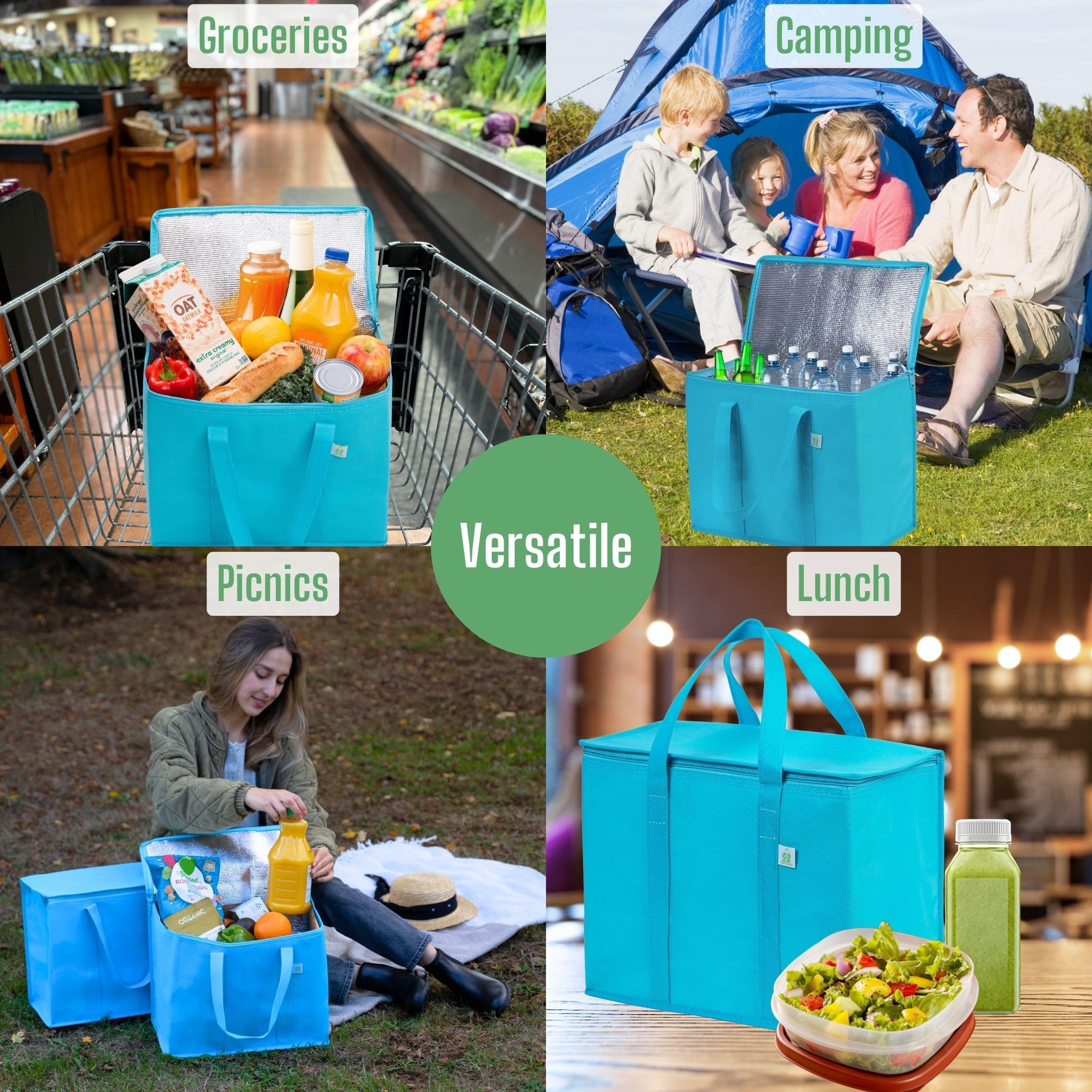 VENO 2 Pack Insulated Cooler Bags for Groceries & Food Delivery - Heavy Duty Collapsible Shopping Bags with Zipper, Foldable & Stands Upright - Perfect for Picnics, Beach Trips & Grocery Shopping (Cyan, 2 Pack)