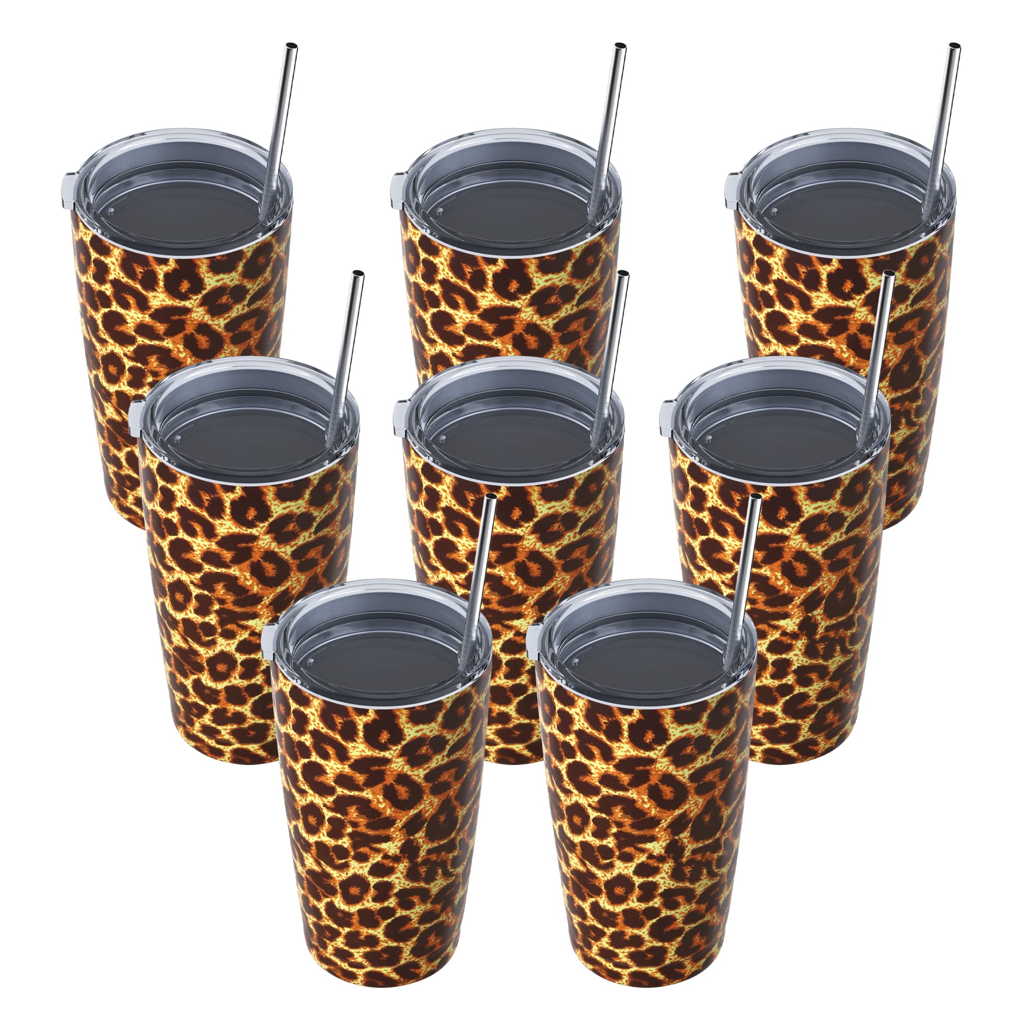 MUCHENGHY 20oz Stainless Steel Tumbler with Lid and Straw - Double Wall Vacuum Insulated Travel Mug for Hot & Cold Drinks - Leopard Print Coated Metal Cup (8 Pack) - Perfect for Coffee, Tea, Water & Smoothies at Home, Office or Gym
