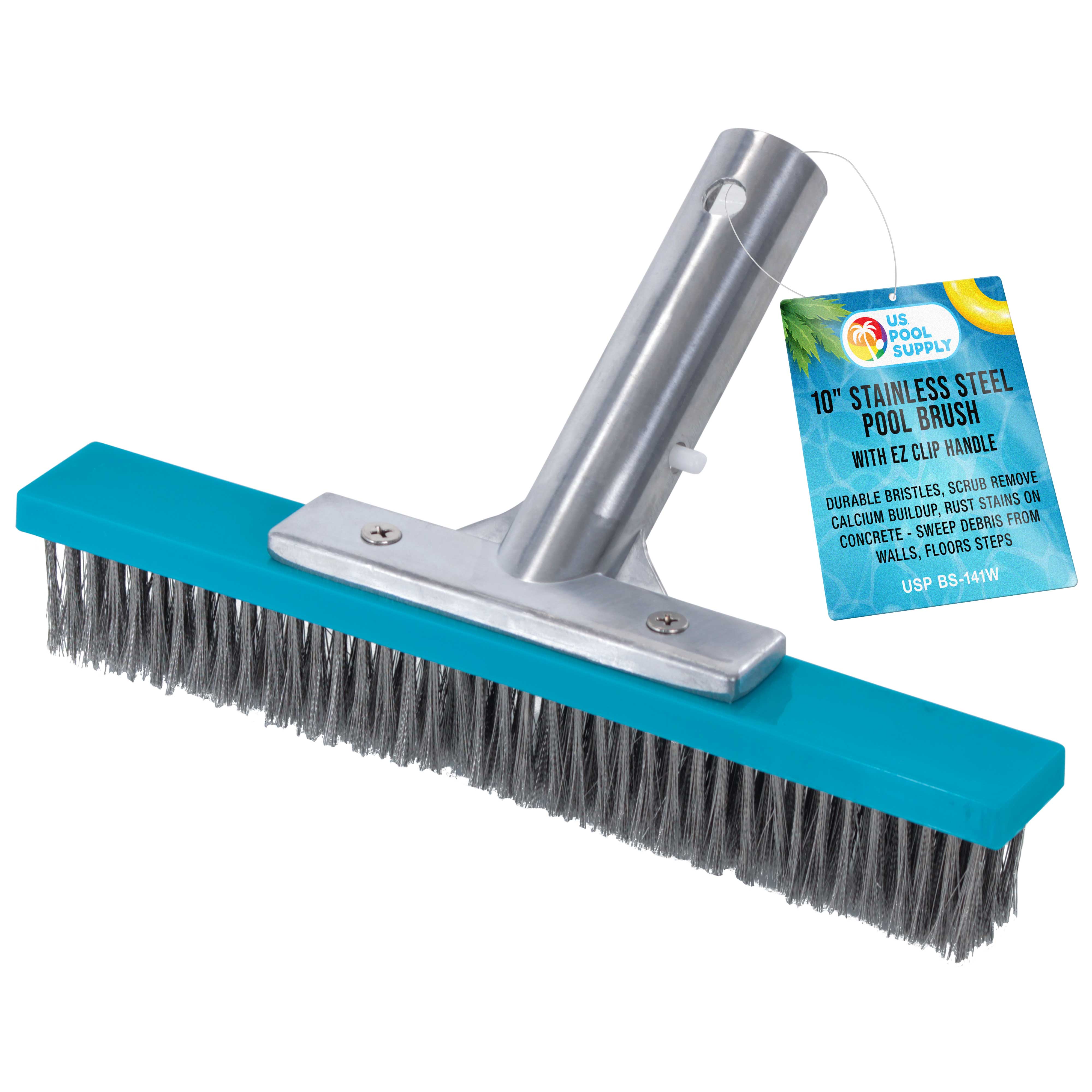 U.S. Pool Supply® Professional 10-Inch Stainless Steel Pool Algae Brush with EZ Clip Handle - Heavy Duty Bristles for Removing Calcium Buildup, Rust Stains & Debris - Perfect for In-Ground & Above Ground Pools Maintenance