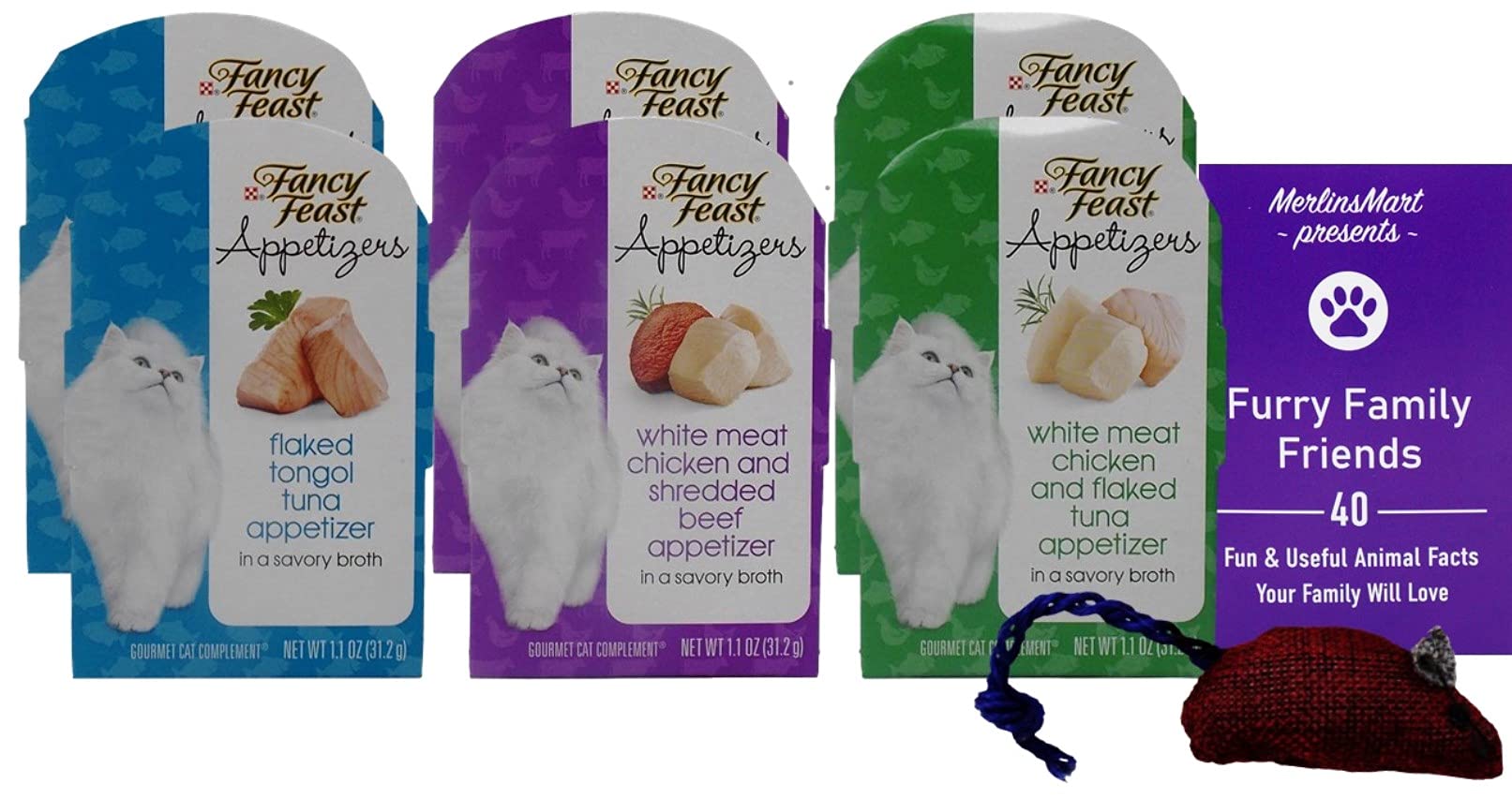 Fancy Feast Appetizers Wet Cat Food Variety Pack - 6 Cans (Chicken Beef, Tongol Tuna, White Meat Chicken Tuna) 1.1oz Each + Catnip Toy & Animal Facts Booklet - Perfect for Treats, Training Rewards & Special Occasions