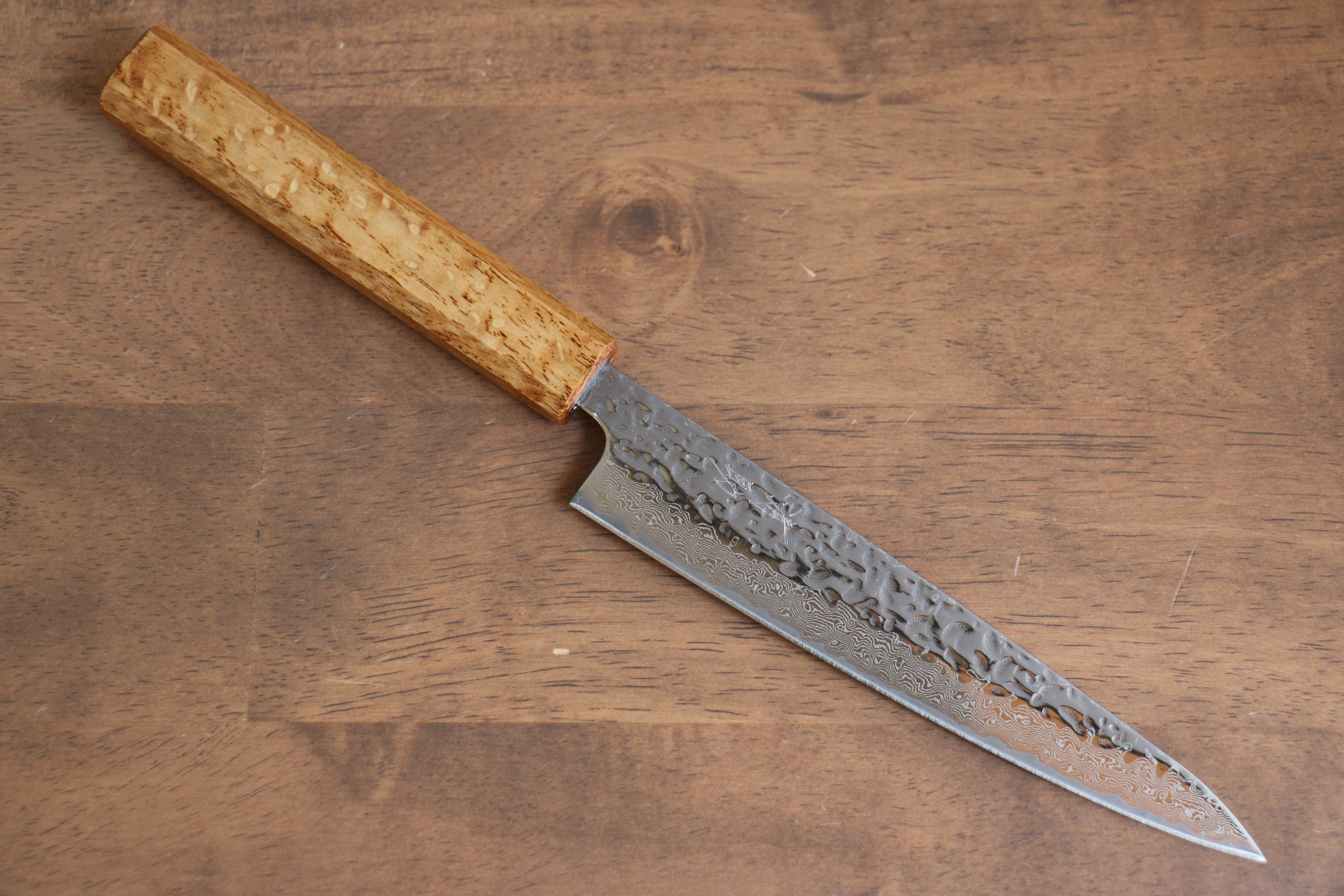 Seisuke Tsukikage AUS10 Hammered Damascus Petty Utility Knife 150mm - Oak Handle Japanese Chef Knife for Precision Slicing, Peeling & Garnishing