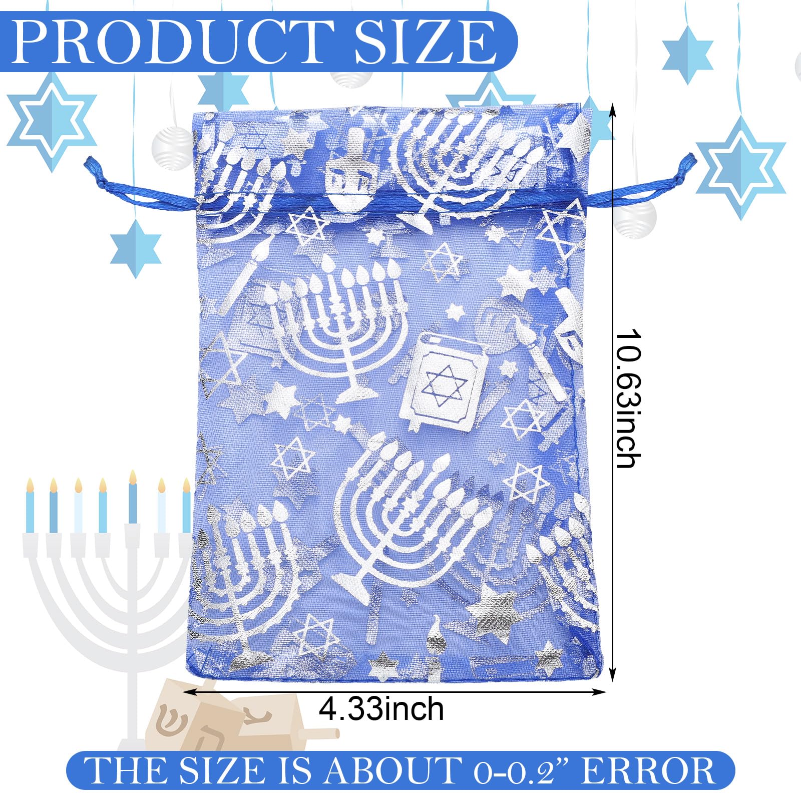 60 Pack Hanukkah Mesh Gift Bags - Chanukah Party Favor Sachets for Candy, Chocolate Coins & Cookies - Perfect for Hanukkah Celebrations, Holiday Gifting & Festive Treat Packaging
