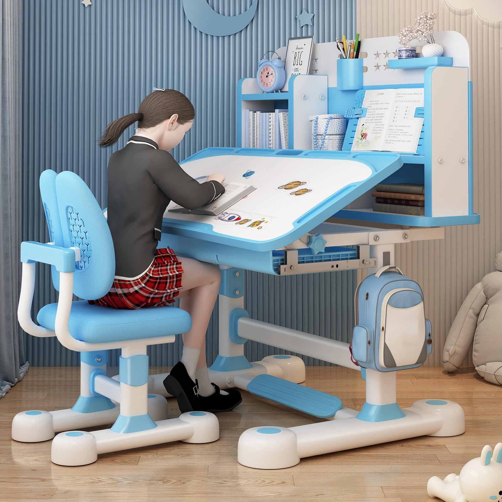 Adjustable Kids Desk and Chair Set - Ergonomic Study Table with Book Stand & Foot Pedal for Children - Blue Height-Adjustable Student Desk for Home Schooling, Online Learning & Homework Station