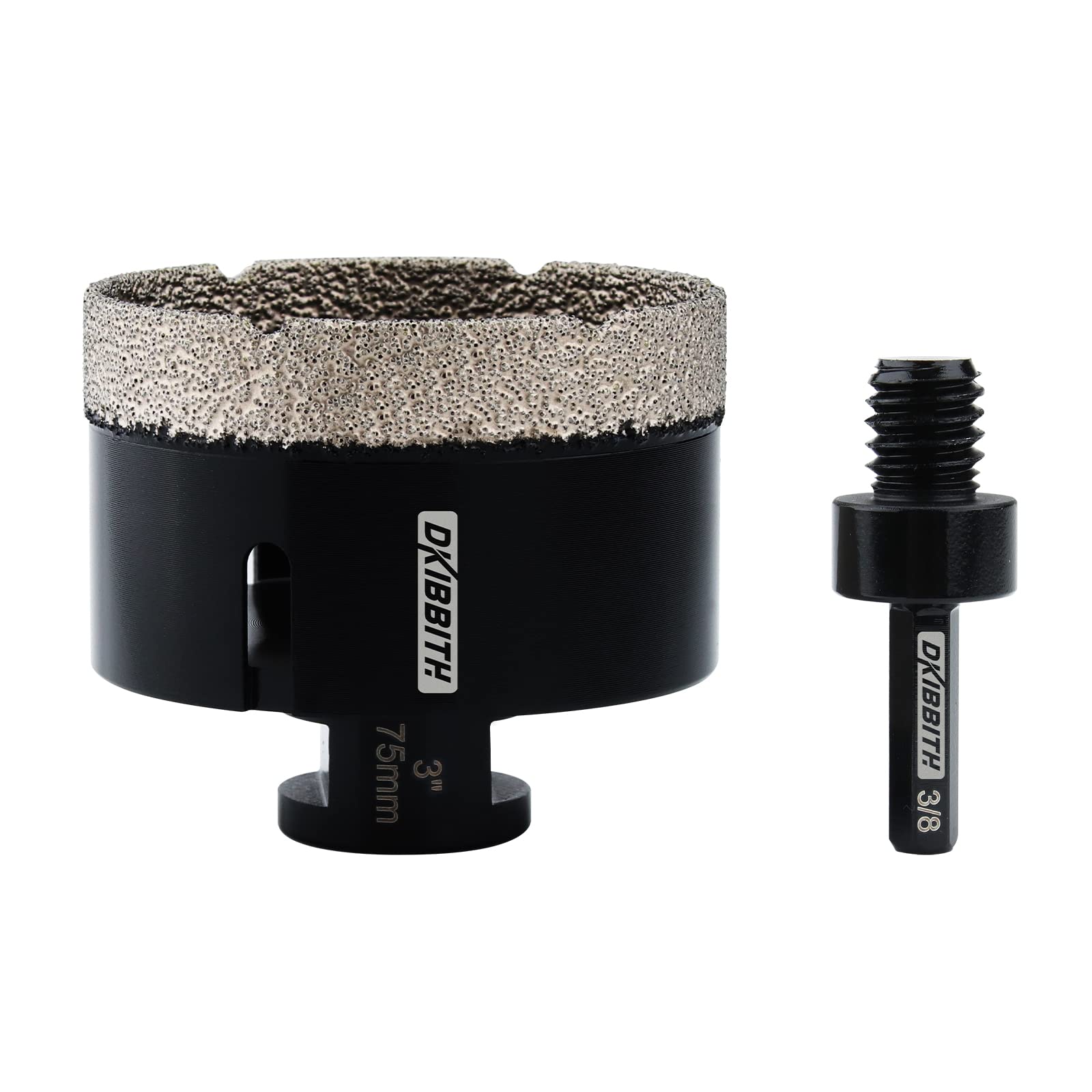 3'' Dry Diamond Core Drill Bit 75mm for Porcelain, Ceramic, Granite, Brick & Concrete - Vacuum Brazed Angle Grinder Hole Saw with 5/8-11 to 3/8'' Hex Adapter - Perfect for Tile Cutting, Masonry Work & DIY Home Renovation Projects (Black)