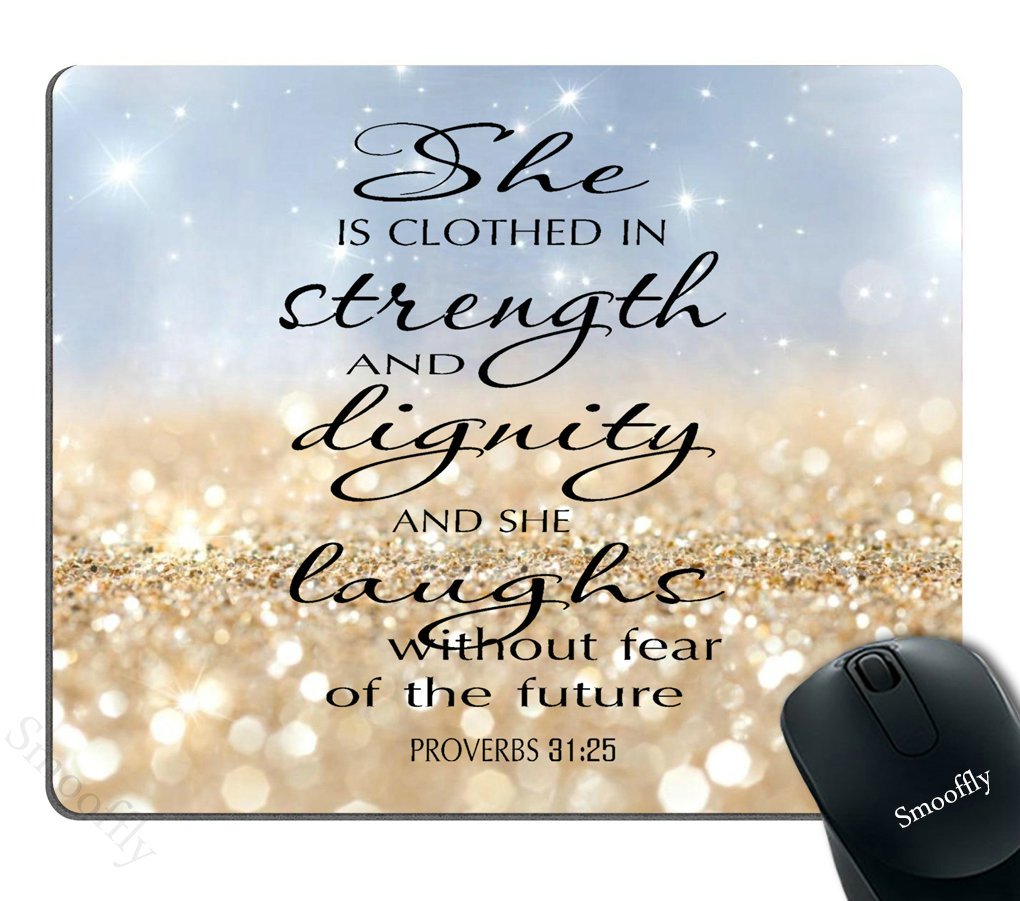 Custom Smooffly Gaming Mouse Pad with Proverbs 31:25 Bible Verse & Gold Sparkle Glitter Design - Non-Slip Surface for PC, Laptop, Office & Gaming Setup