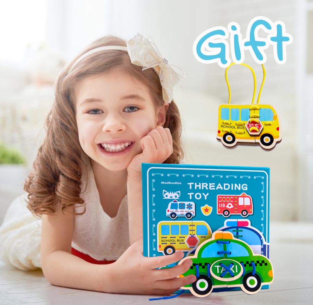 Promise Babe 5 Pack Wooden Lacing Cards - Montessori Threading Toys for Toddlers, Cars & Blocks Puzzle, Educational Preschool Learning Activity (Perfect for Fine Motor Skills Development & Early Childhood Education)