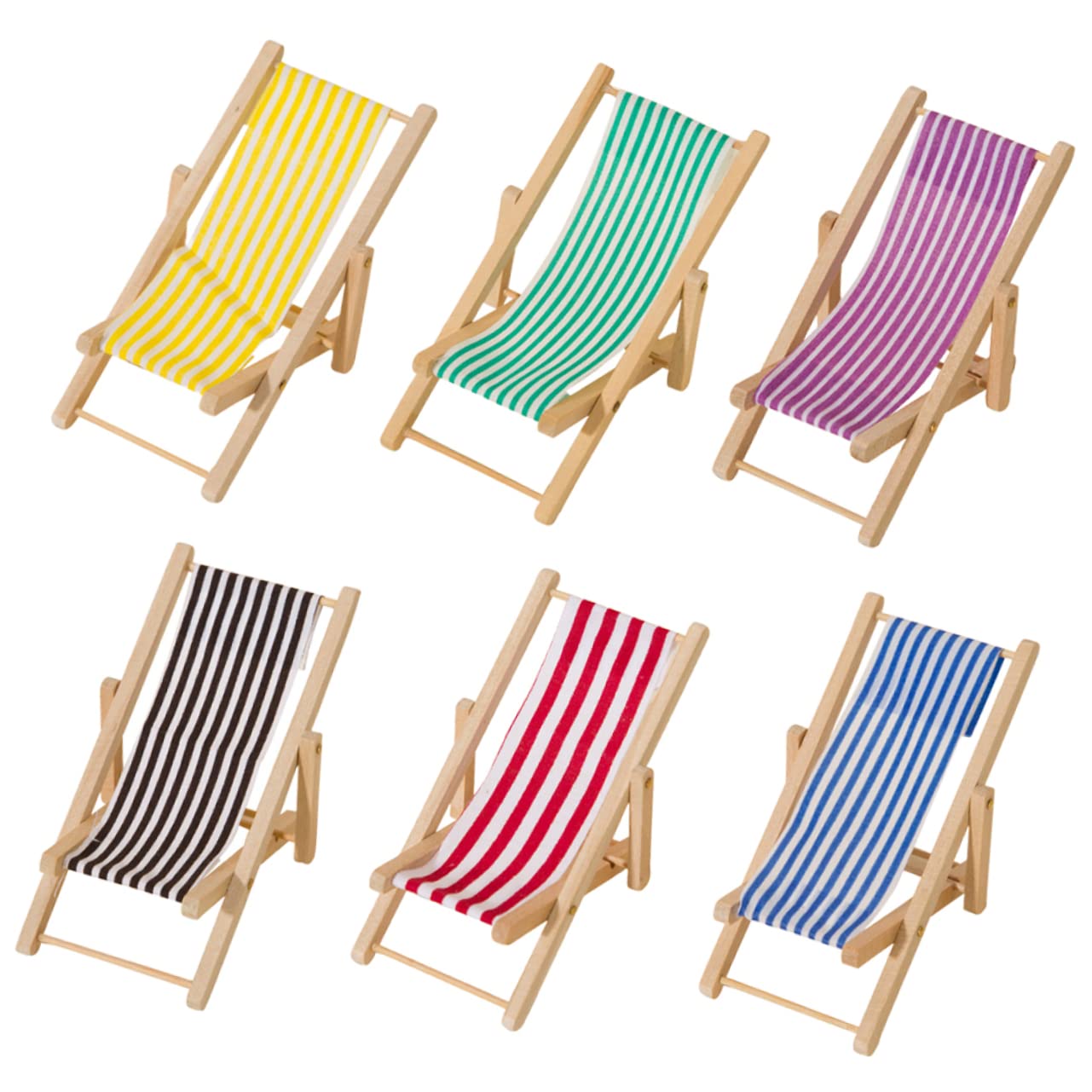 6-Piece Miniature Beach Chair Set - Dollhouse Sunbath Chairs, Fairy Garden Deck Chairs & Seaside Landscape Decor - Perfect for DIY Beach Layouts, Fairy Gardens, and Miniature Scenes - Foldable Wooden Furniture for Dolls and Miniatures